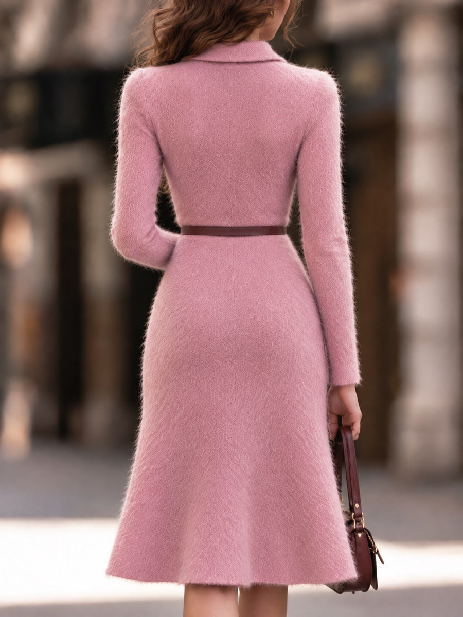 Fuzzy Knit Polo-Collar V-Neck Midi Dress With Belted Waist