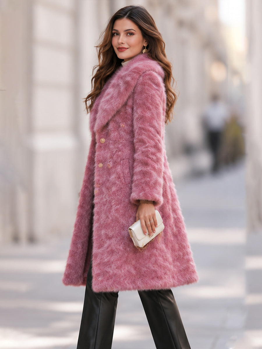 Luxurious Wavy-textured Faux Fur Double-breasted Mid-length Coat With A Faux Fox Fur Collar