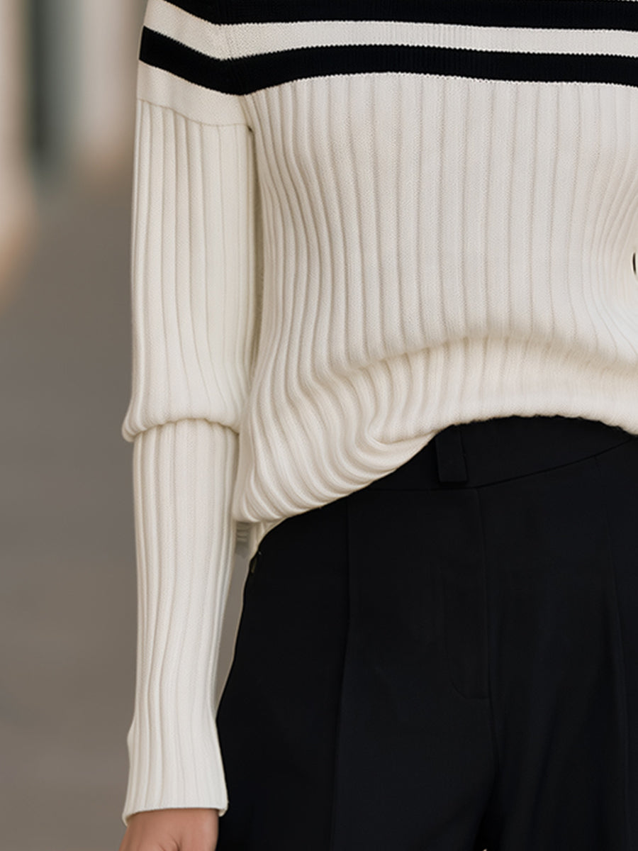 Turtleneck Striped Yoke Ribbed Knit Sweater