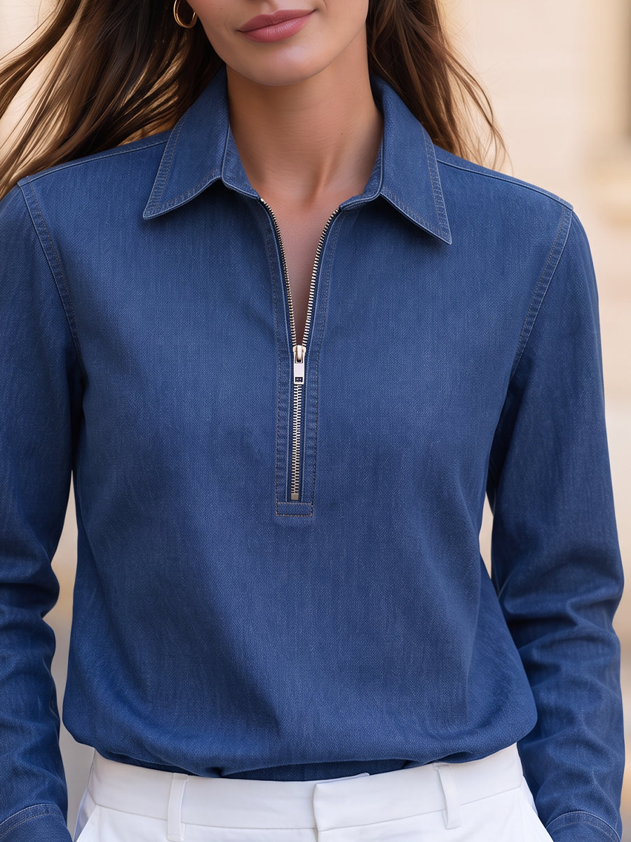 Point Collar Half Zip Long Sleeve Blouse