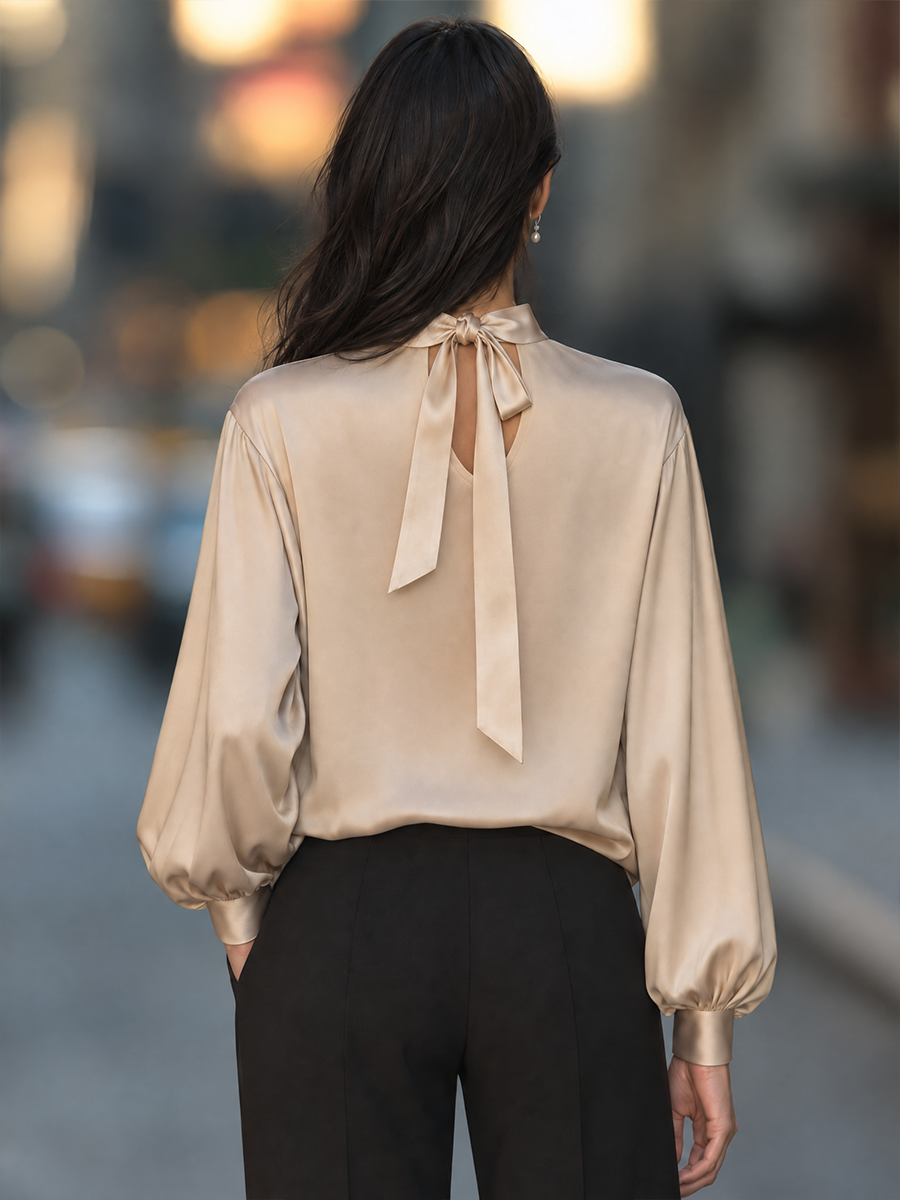 Mock Neck Blouse With Balloon Sleeves And Banded Cuffs
