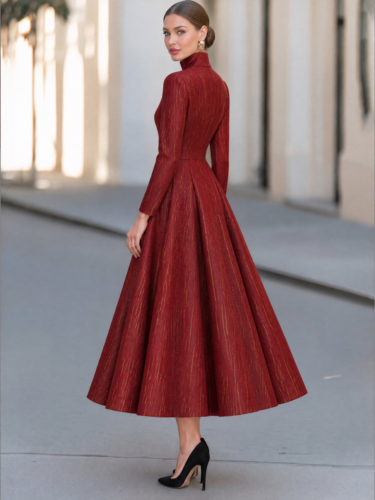 Burgundy Metallic Stripe High-Neck A-Line Midi Dress