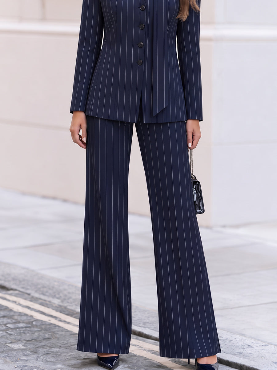 Pinstripe V-Neck Tie Neck Blazer & Wide Leg Pants Co-Ord Set