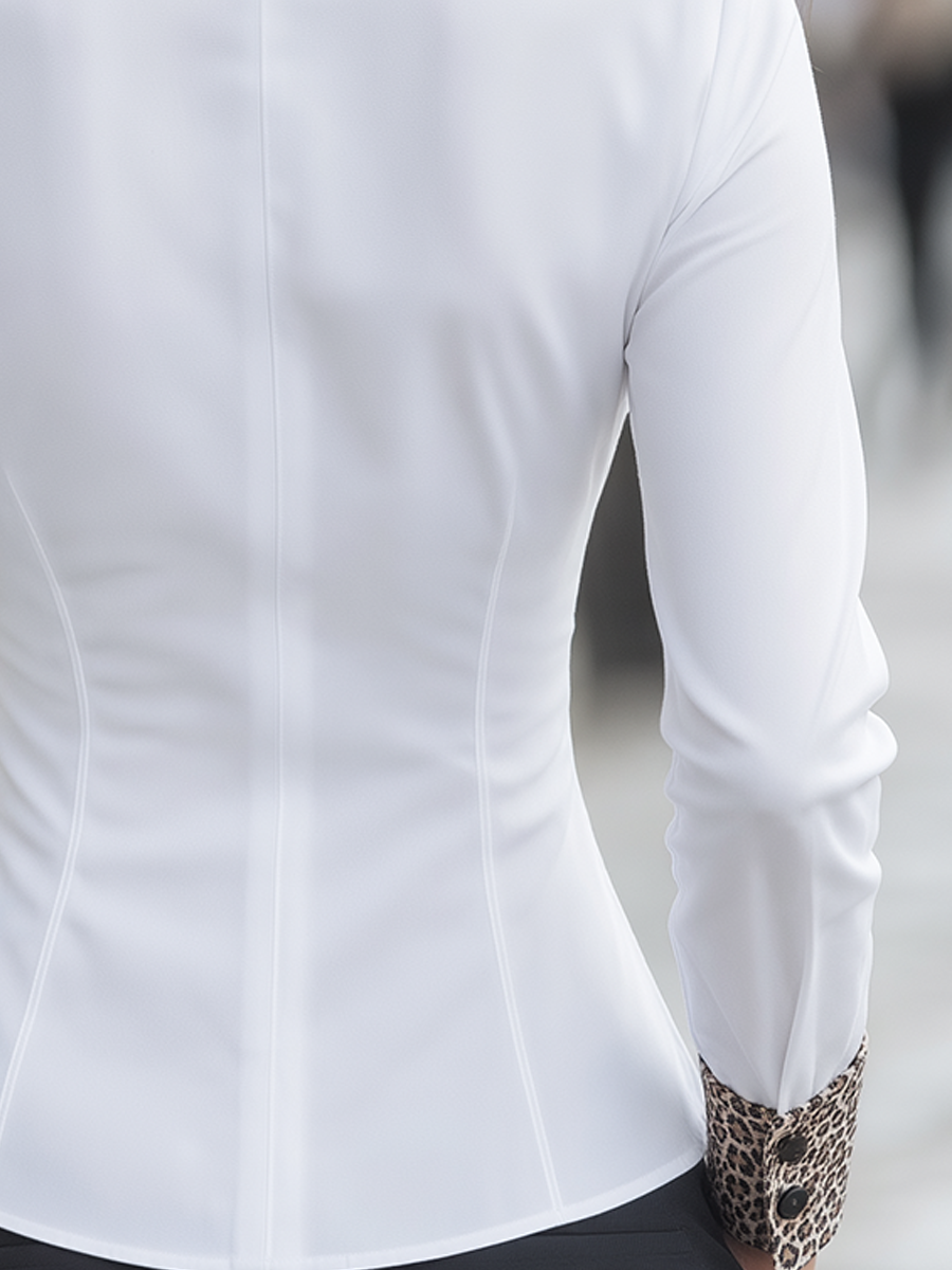 White Fitted Shirt With Leopard Contrast Trim