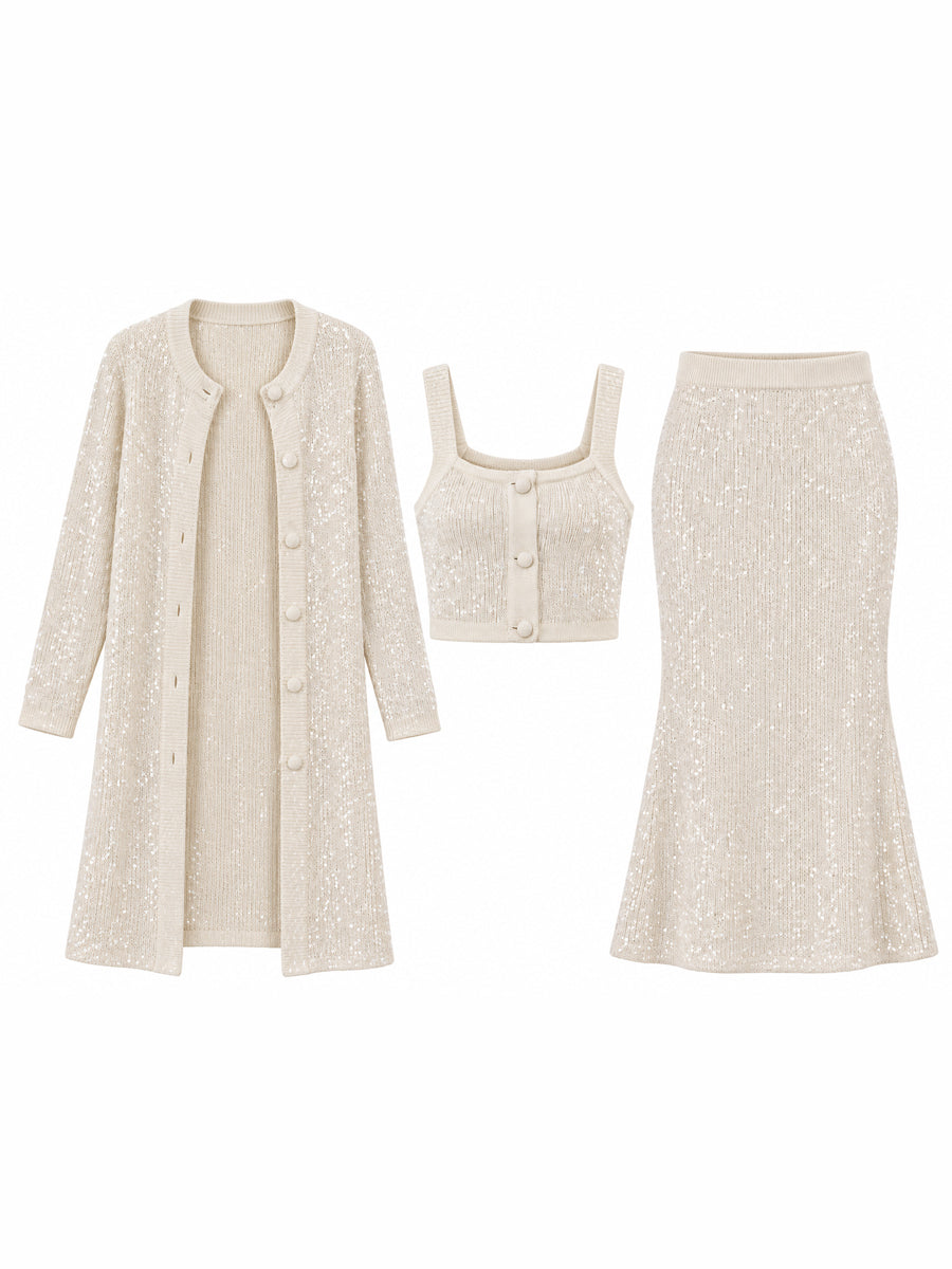 Sequin Knit Three-Piece Set Long Cardigan Camisole And Midi Skirt