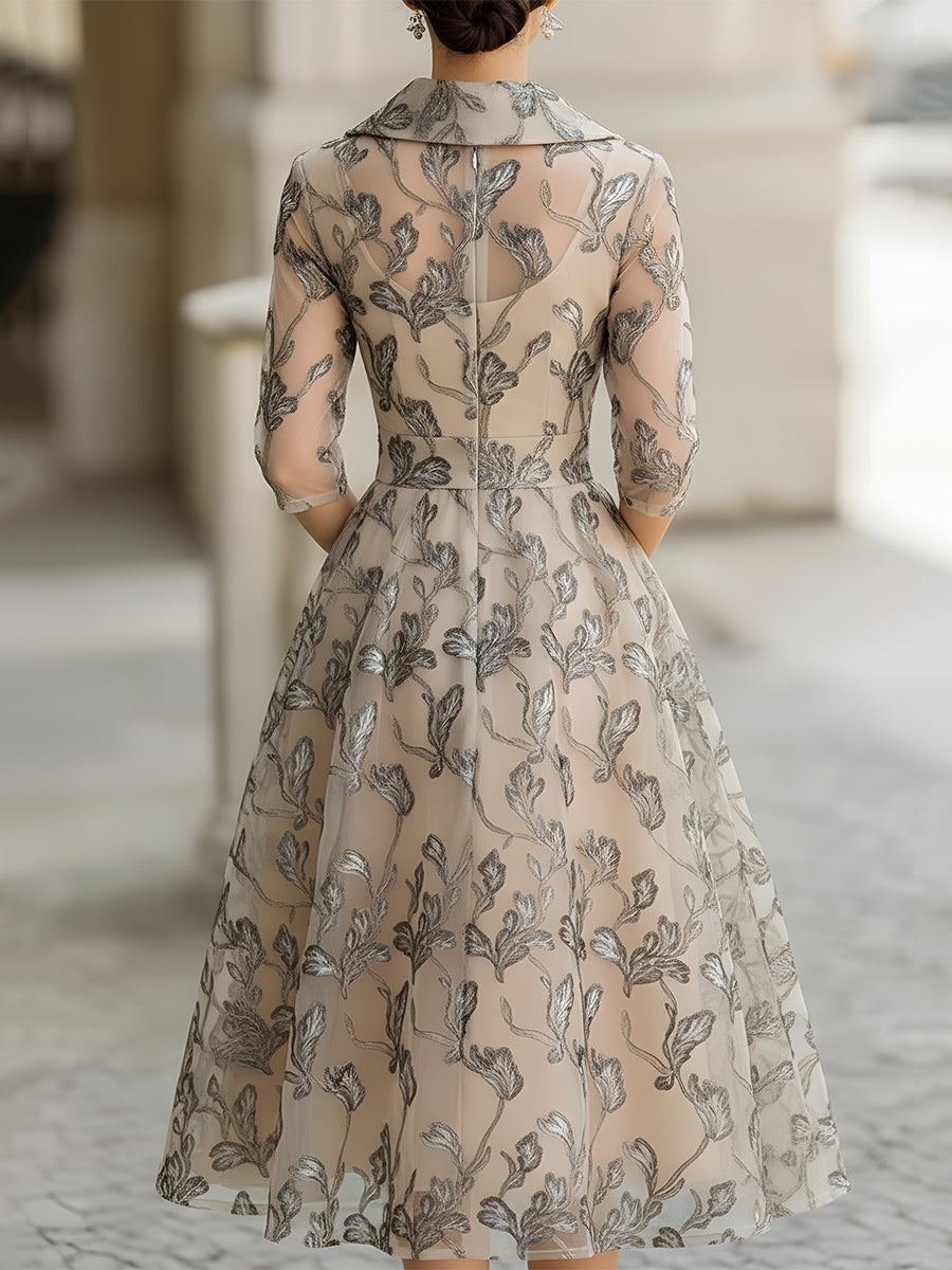 KSXTXX Embroidered Mesh Midi Dress With Metallic Leaf Motif