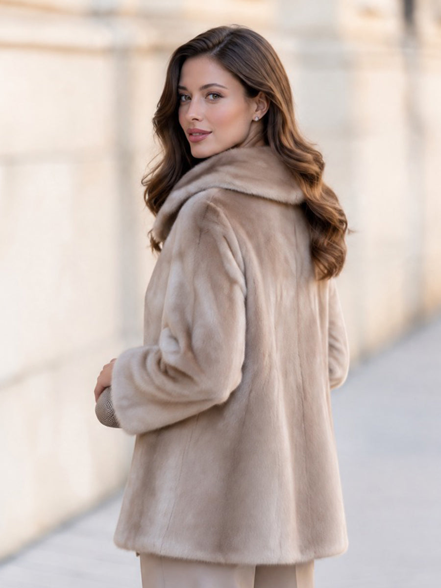 Luxury Faux Fur Jacket with Oversized Collar & Gold Zip