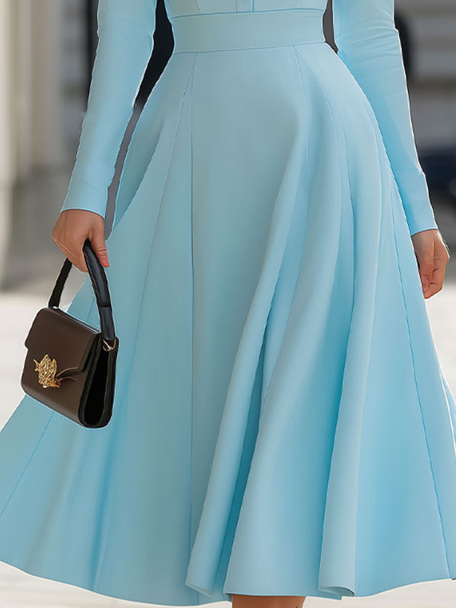 Sky Blue Shirt Collar Fit-and-Flare Dress