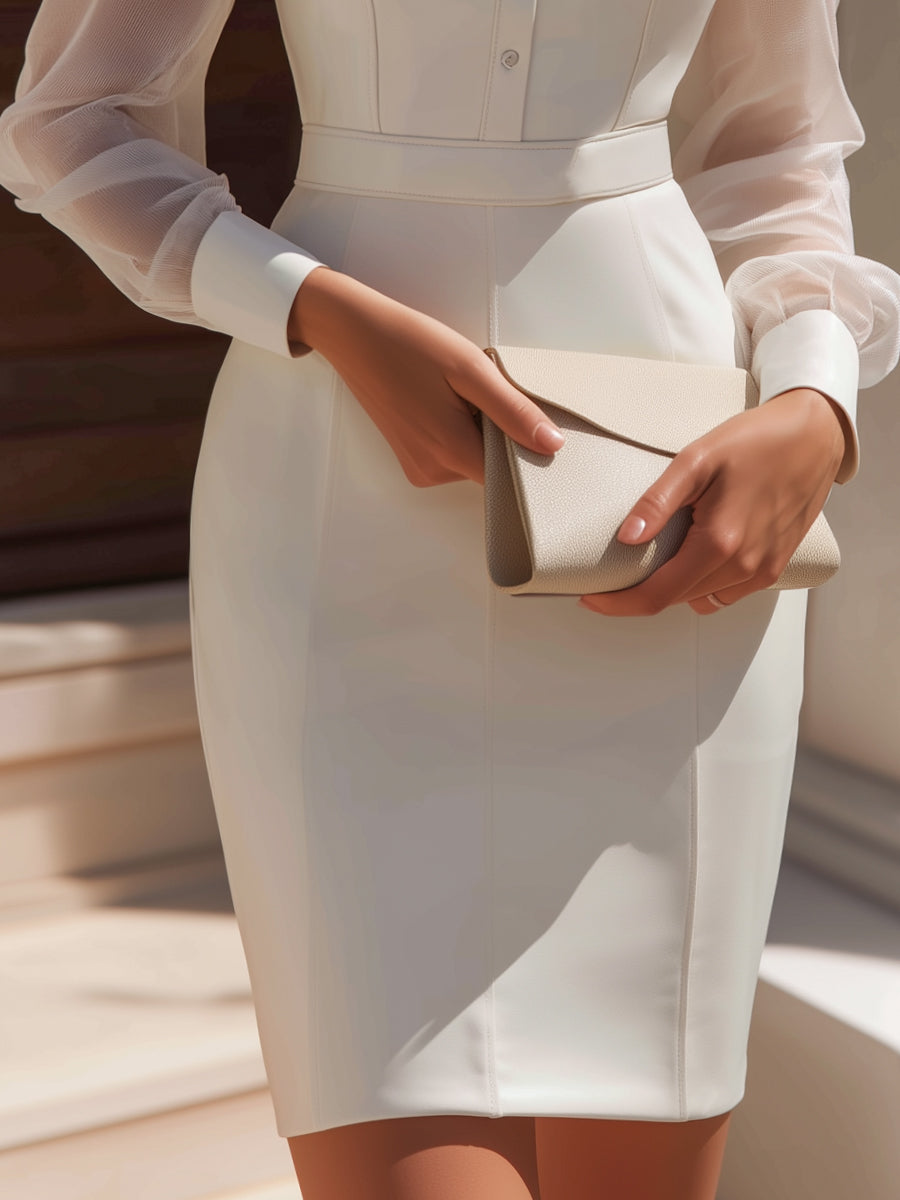 Sheer Panel Button-Front Tailored Midi Dress