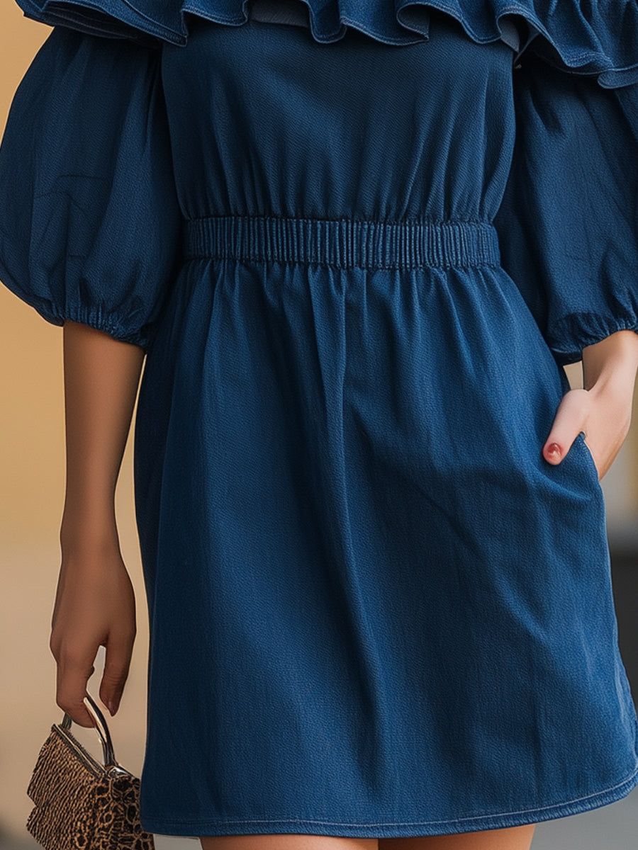 Dark Blue Off-the-Shoulder Ruffled Denim Mini Dress