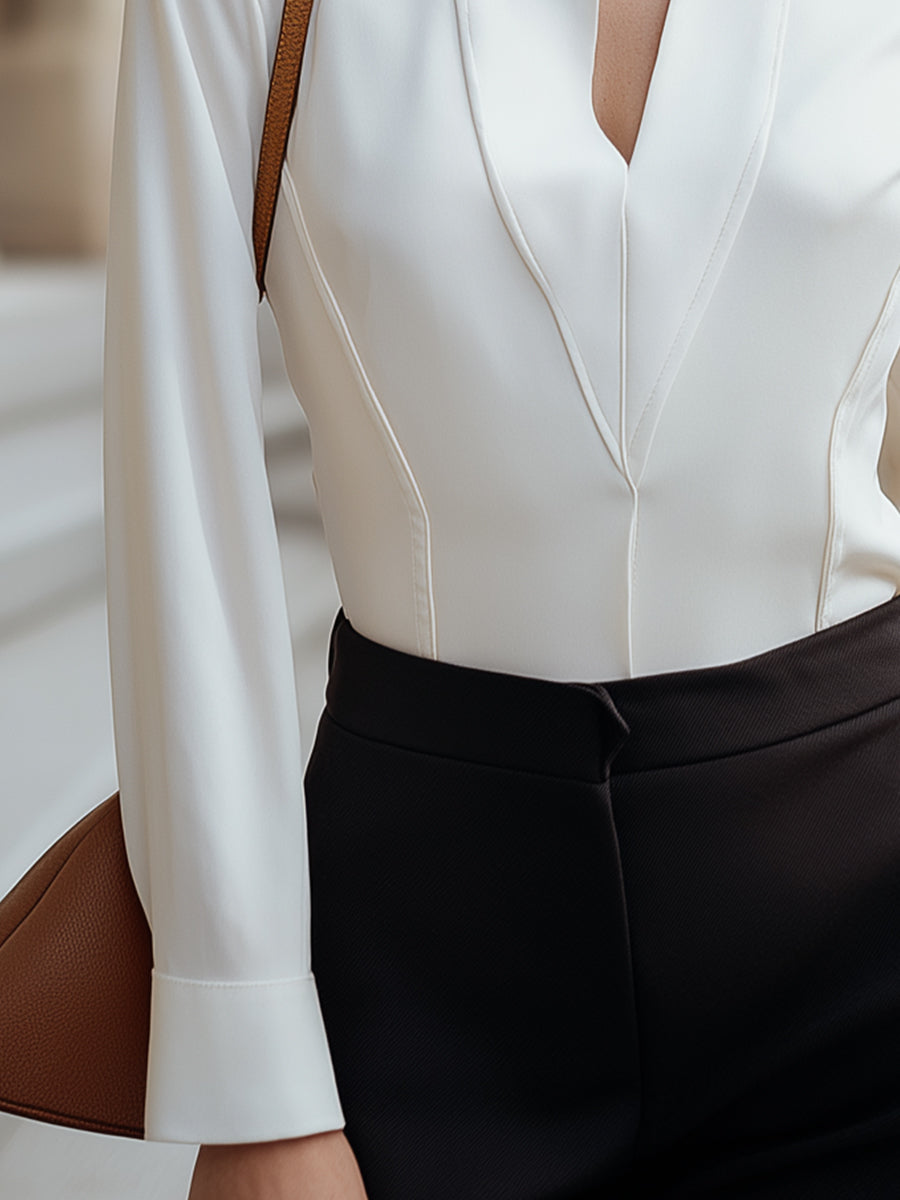 Ivory Tailored Stand-Collar V-Neck Blouse