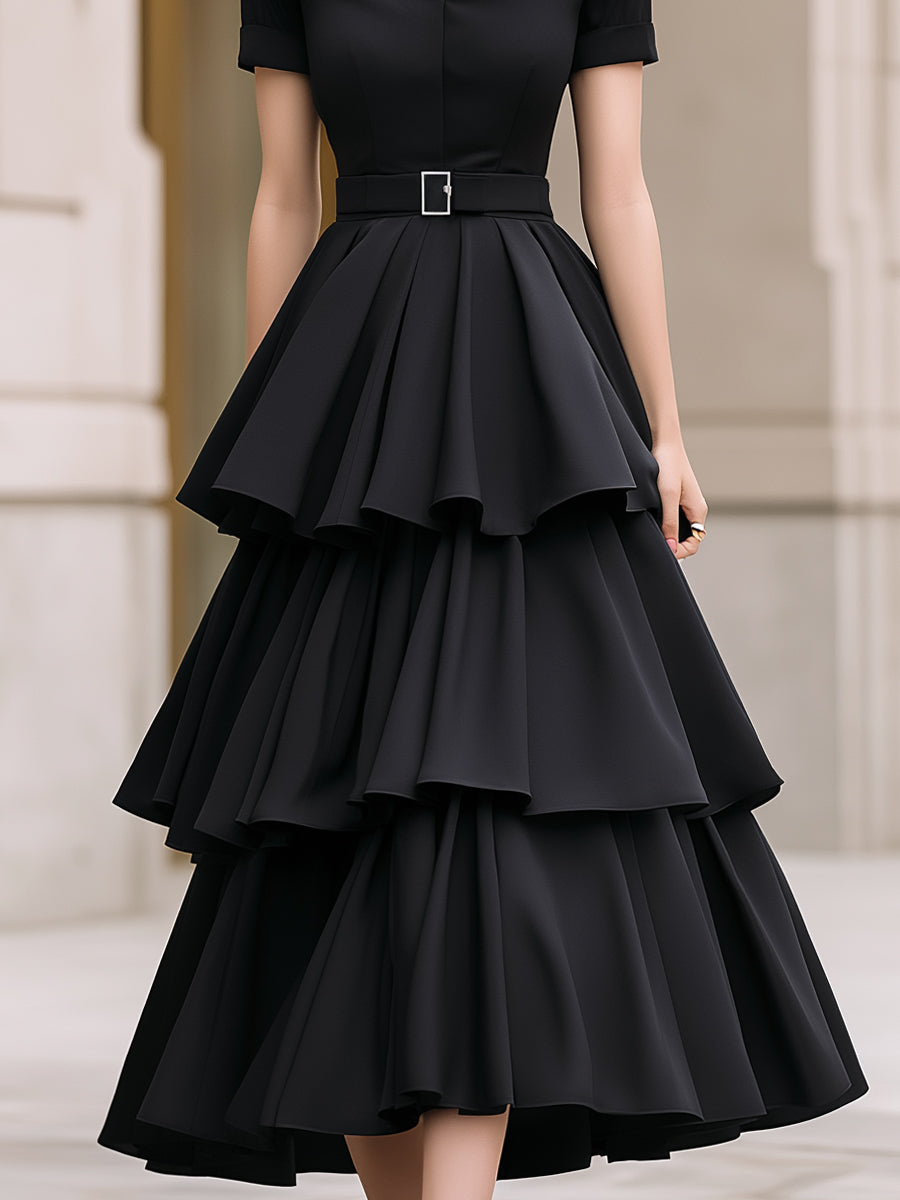 Belted Tiered Ruffle A-Line Maxi Dress