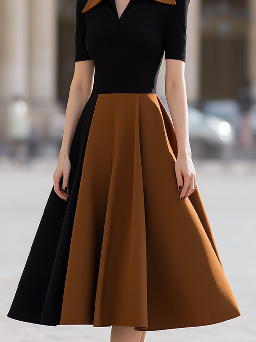 Black & Camel Color-Blocked Fit-and-Flare Midi Dress