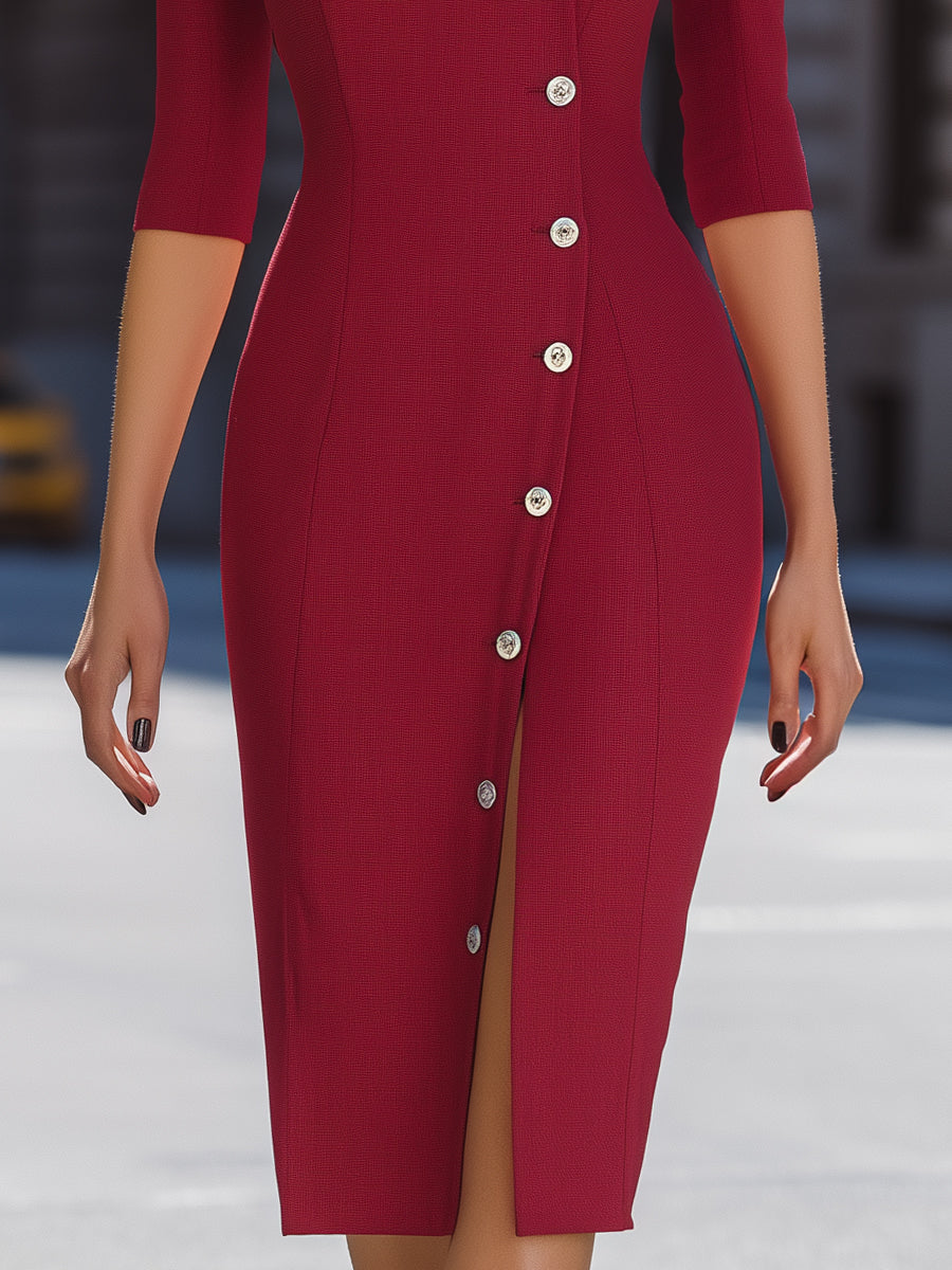 Asymmetric Button-Front V-Neck Sheath Dress