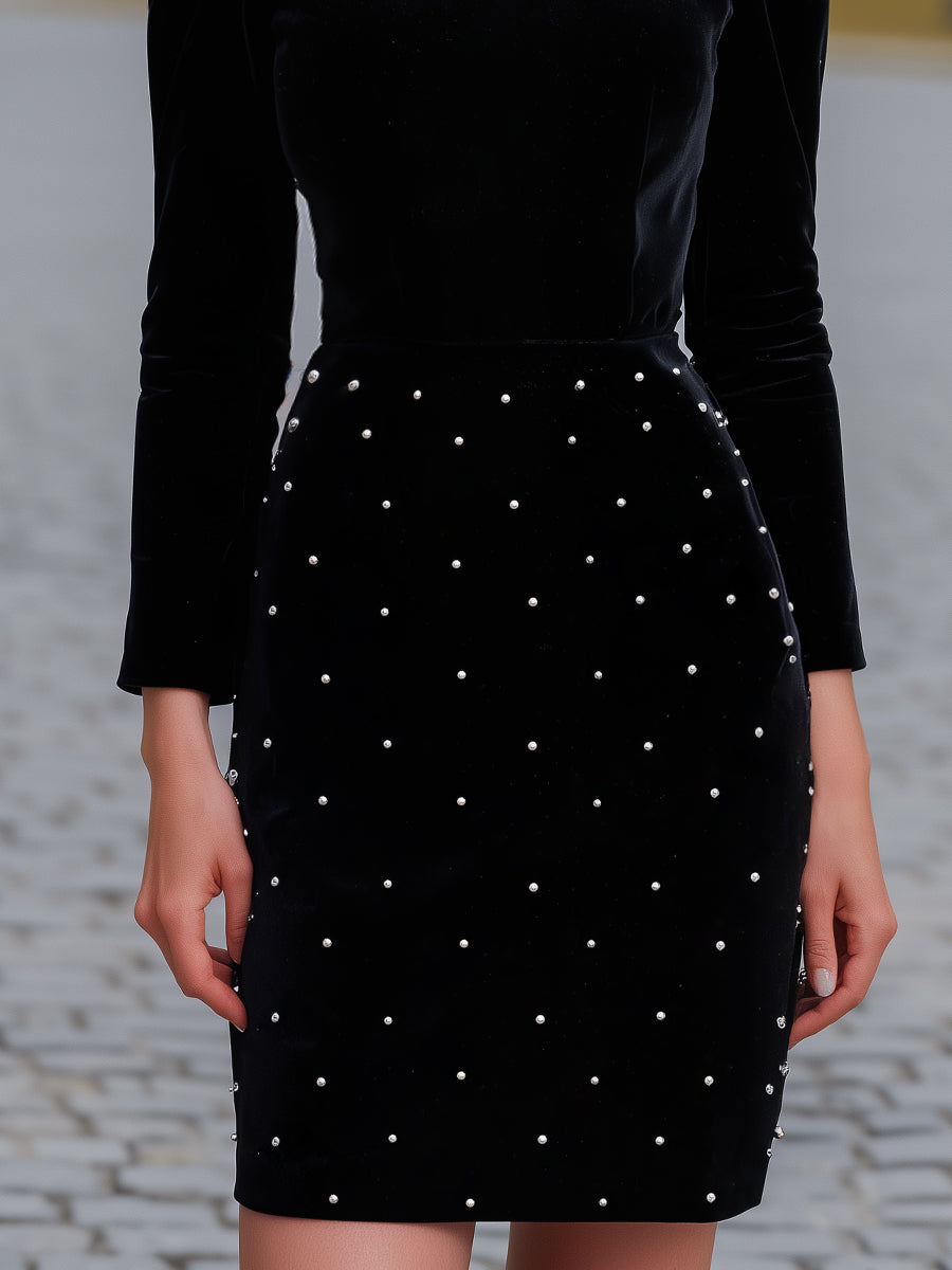 Embellished Collar Velvet Dress With Beaded Skirt