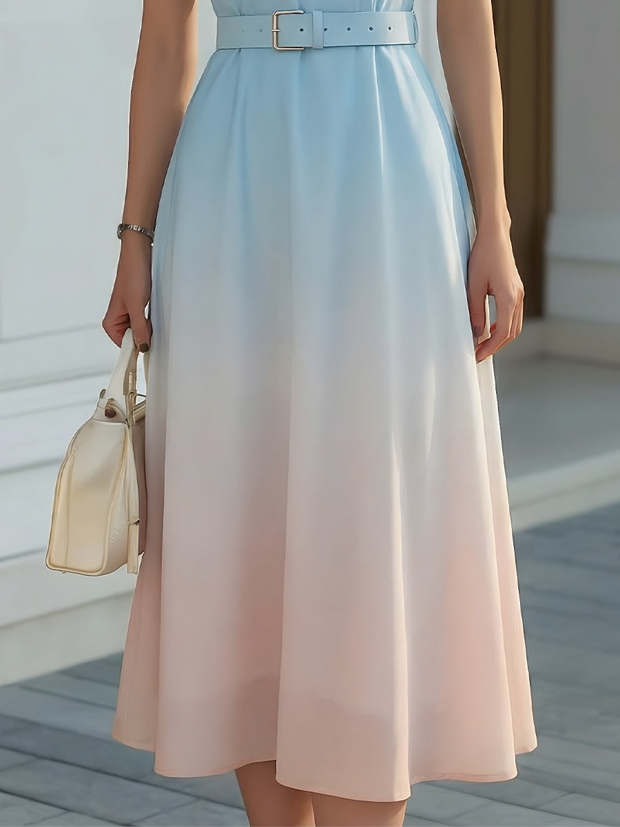 Gradient Sleeveless Belted A-Line Midi Dress