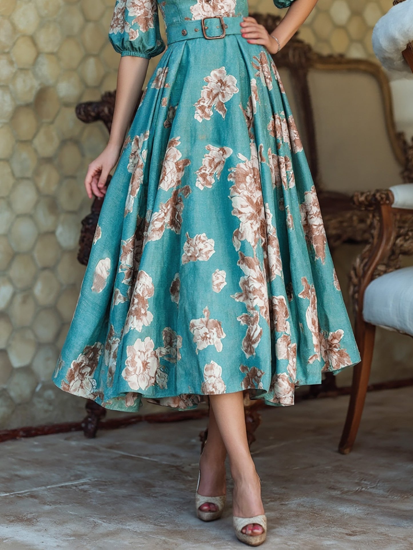 Midi Linen Dress, Short Sleeves, Square Neck, Floral, Belt Design, Vacation, Vintage, Cyan