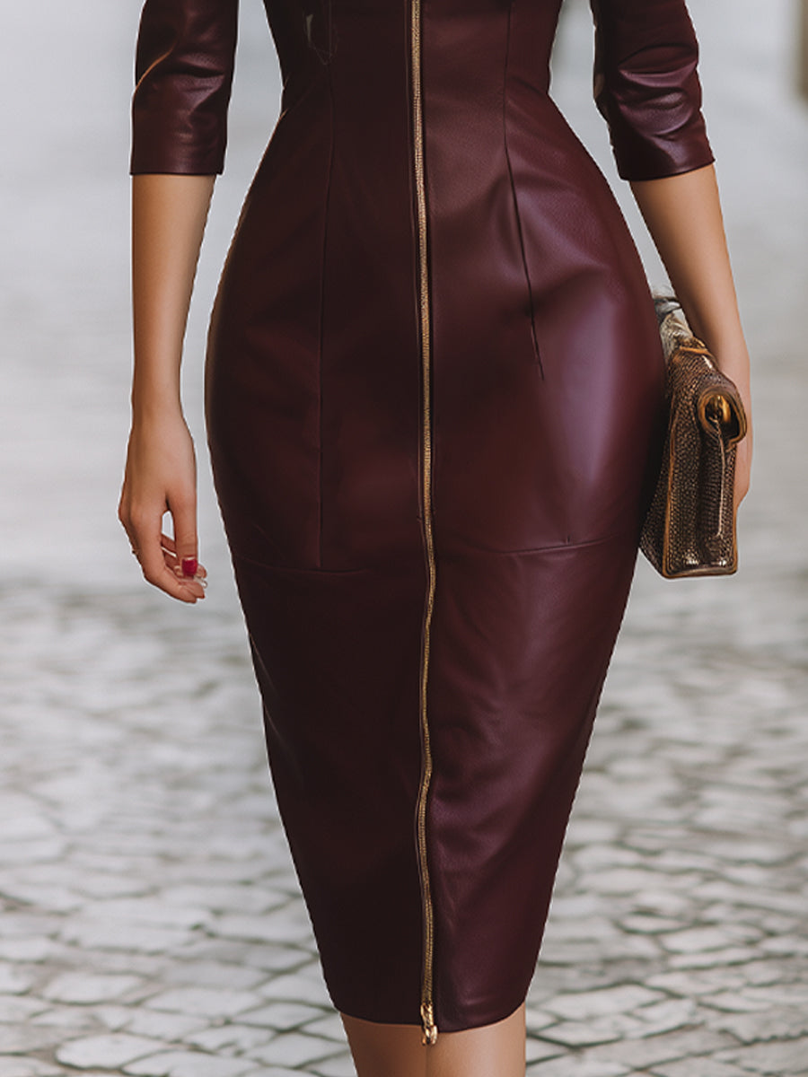 Elegant Sculpted Zip-Front Faux Leather Midi Dress