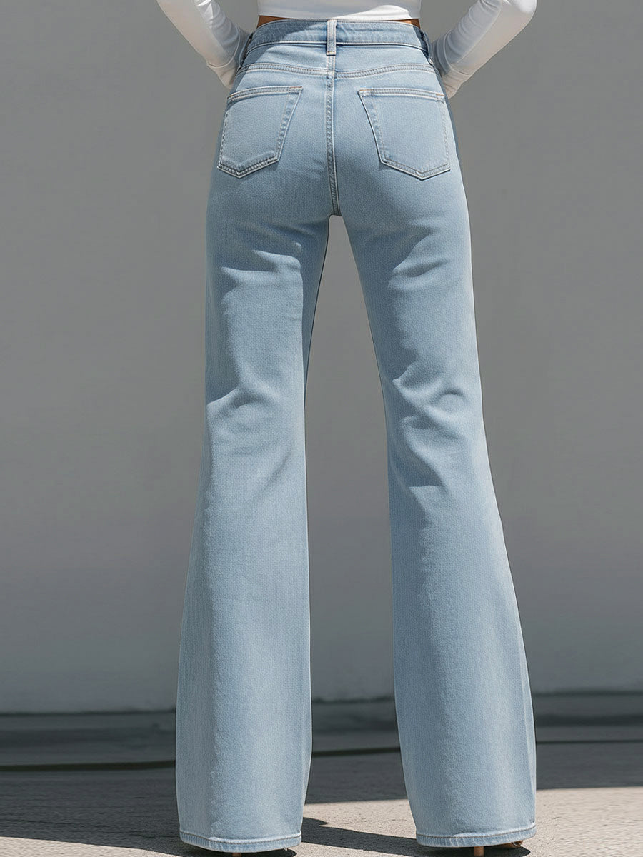 High-Waisted Light Blue Flared Jeans With Raw Edge Seams
