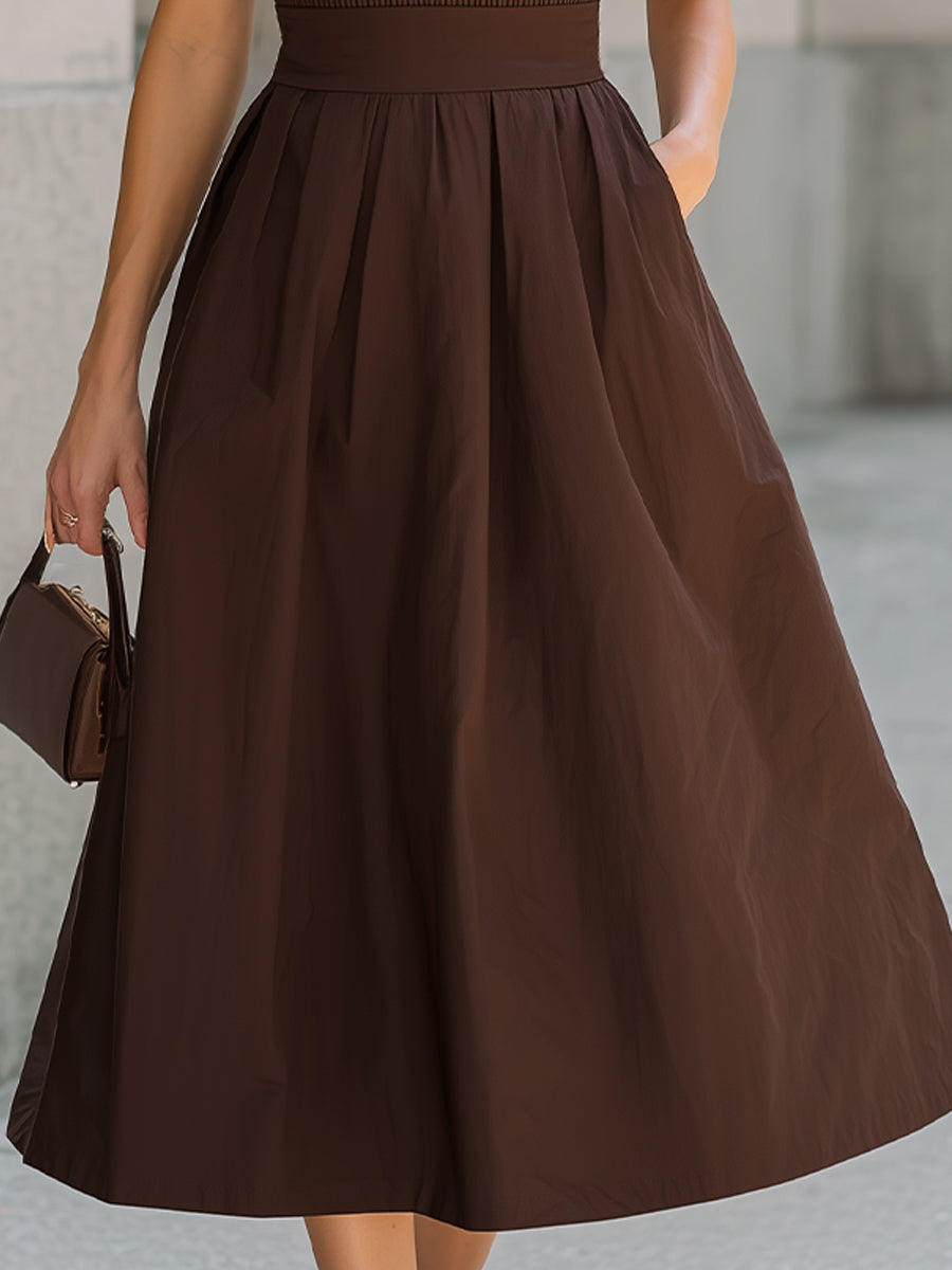 Ribbed Knit Bodice Flared Midi Dress