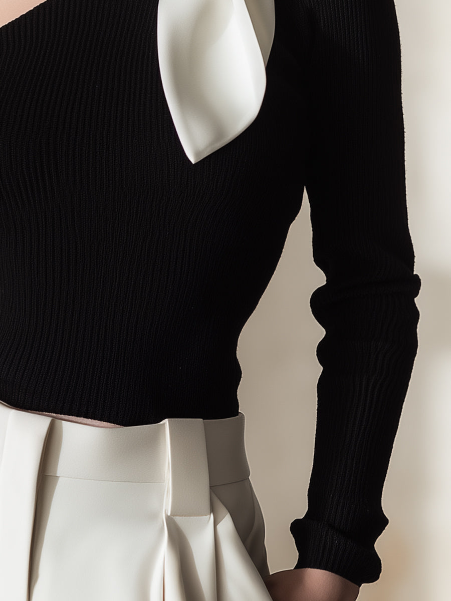 One-Shoulder Knit Top With Contrast Bow Detail