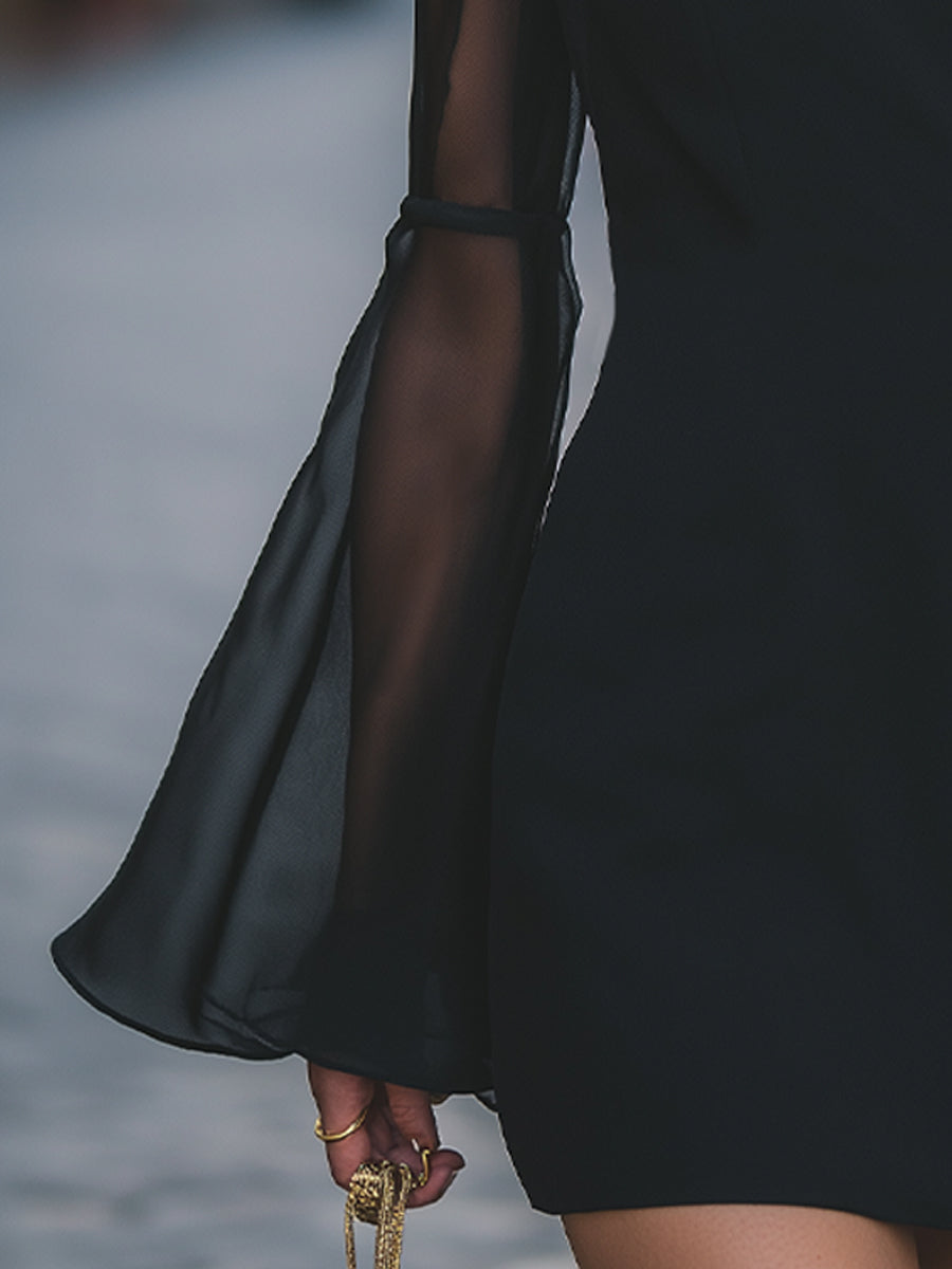 Elegant Sheer-Sleeve Mini Dress With Flared Cuffs