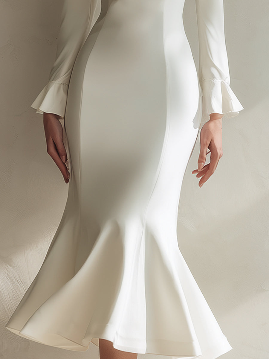Ivory Bow-Neck Long Sleeve Mermaid Midi Dress