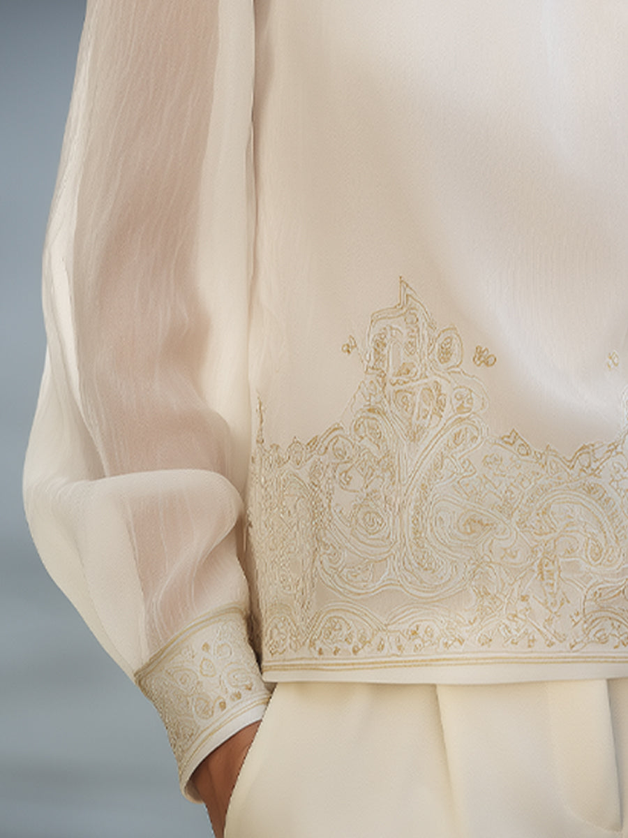 Elegant Print Sheer-Sleeve Blouse
