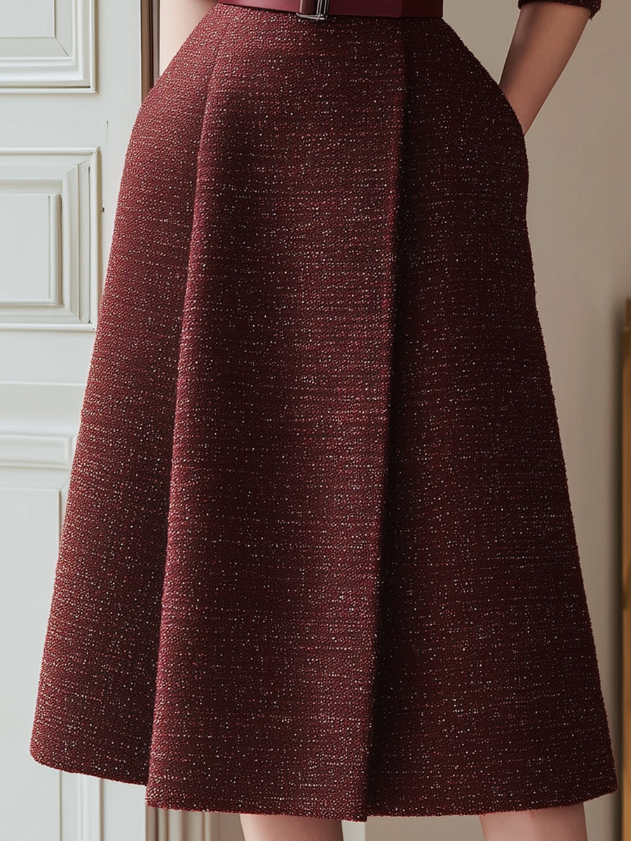 Burgundy Textured A-Line Midi Dress With Satin Lapel And Belted Waist