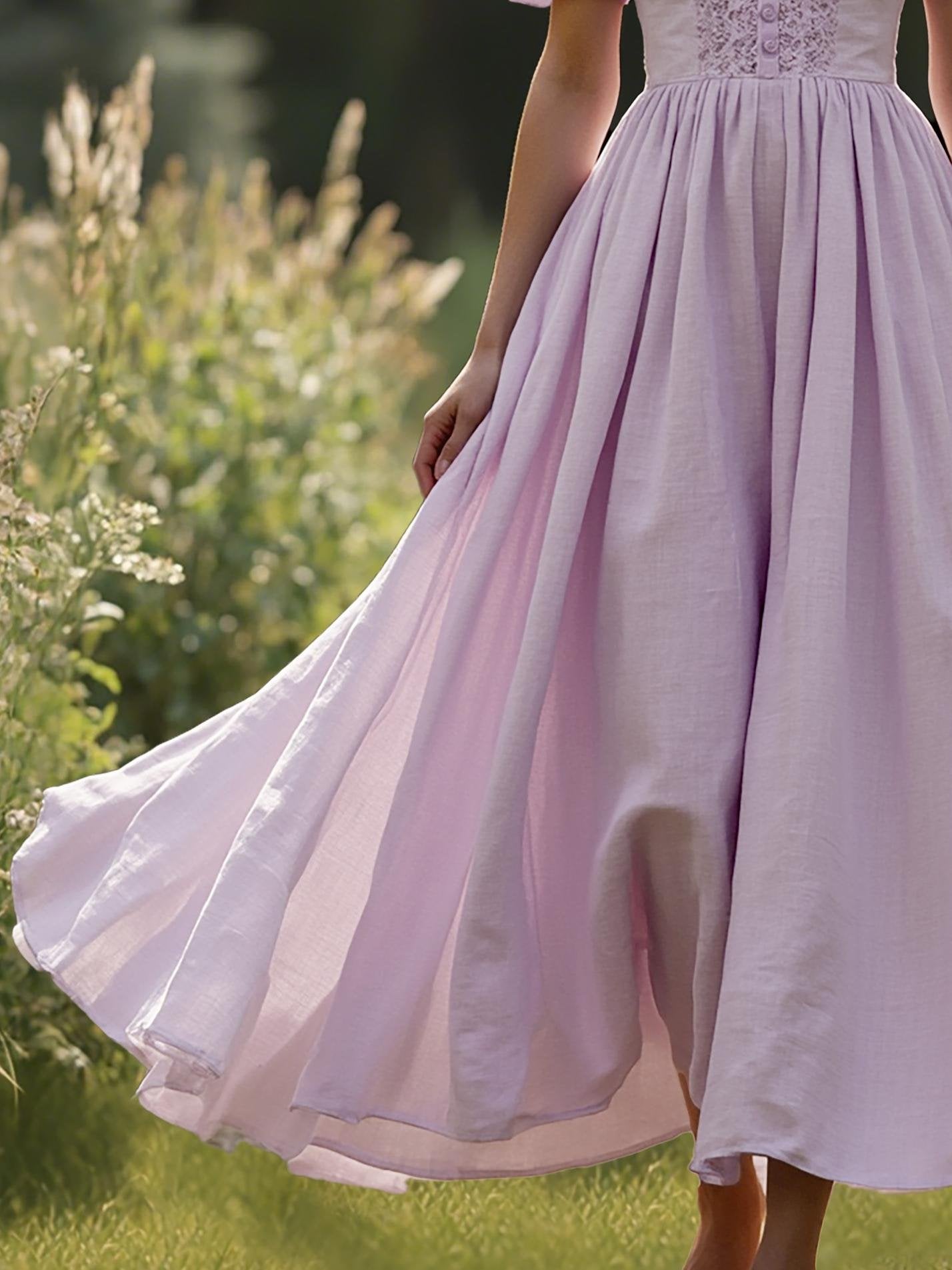 Cotton Maxi Dress, Short Sleeve, V neck, Plain, Vintage, Purple