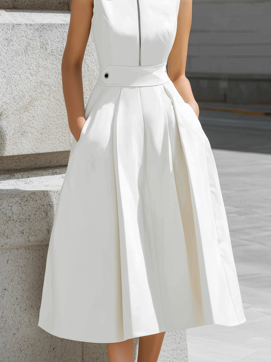 Sleeveless High-Neck Zip Front A-Line Midi Dress