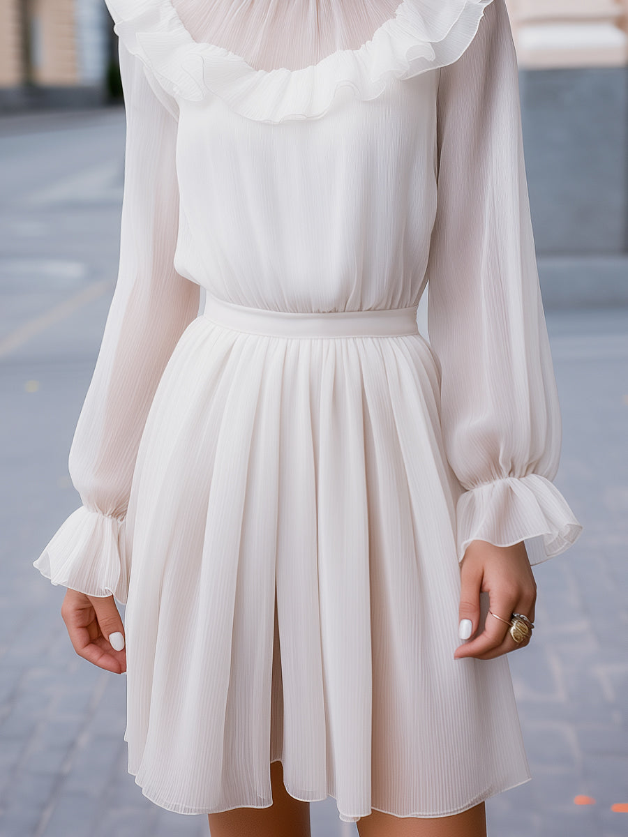 Ruffled High-Neck Chiffon Long-Sleeve Dress