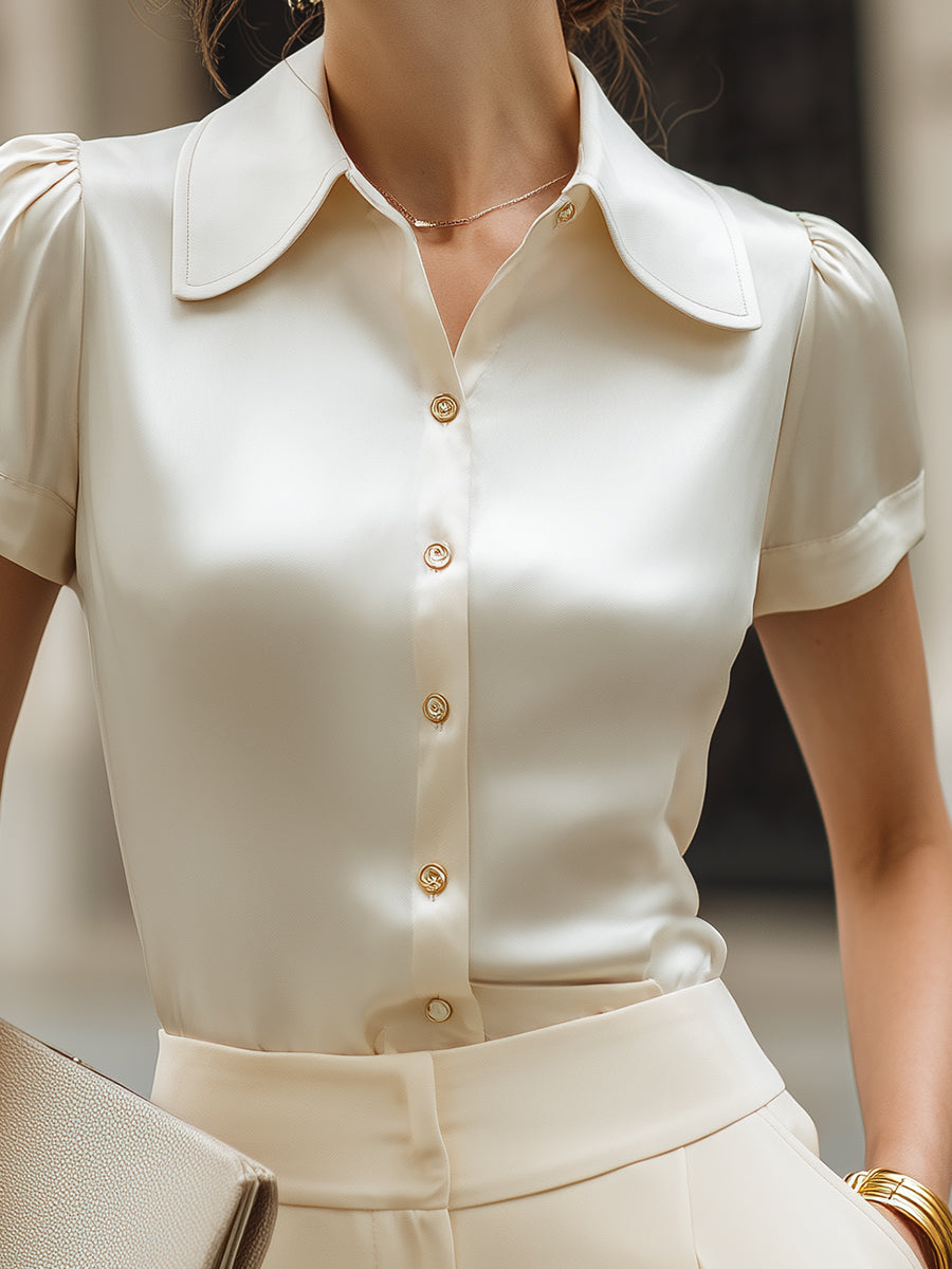 Short Sleeve Tailored Button-Front Blouse