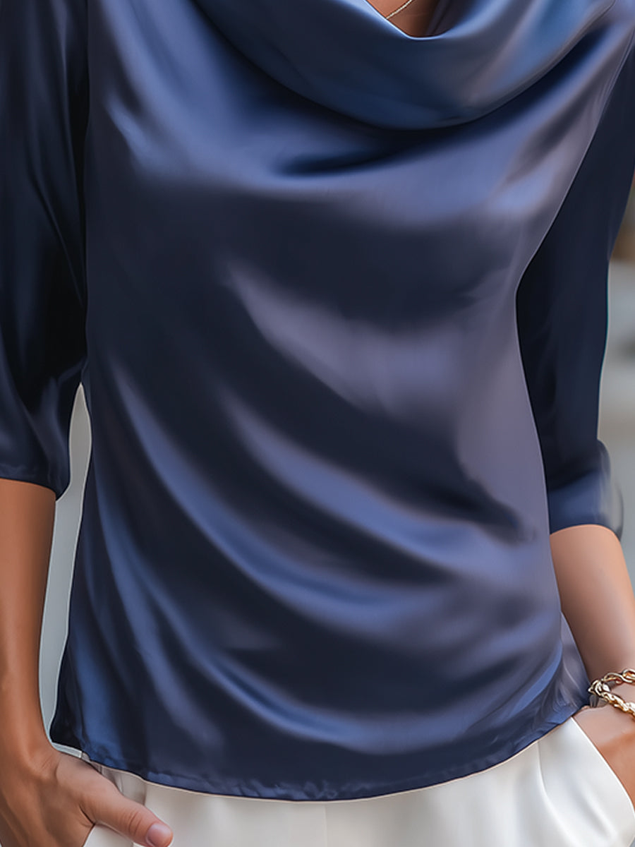 Navy Satin Cowl Neck Blouse ¨C Effortless Elegance For Timeless Style