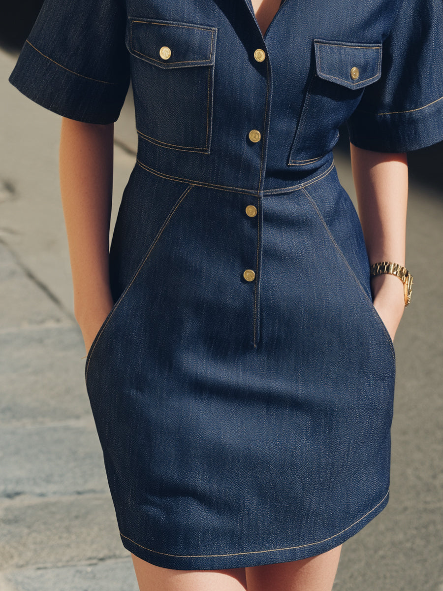 Short Sleeves Button-Front Tailored Denim Dress