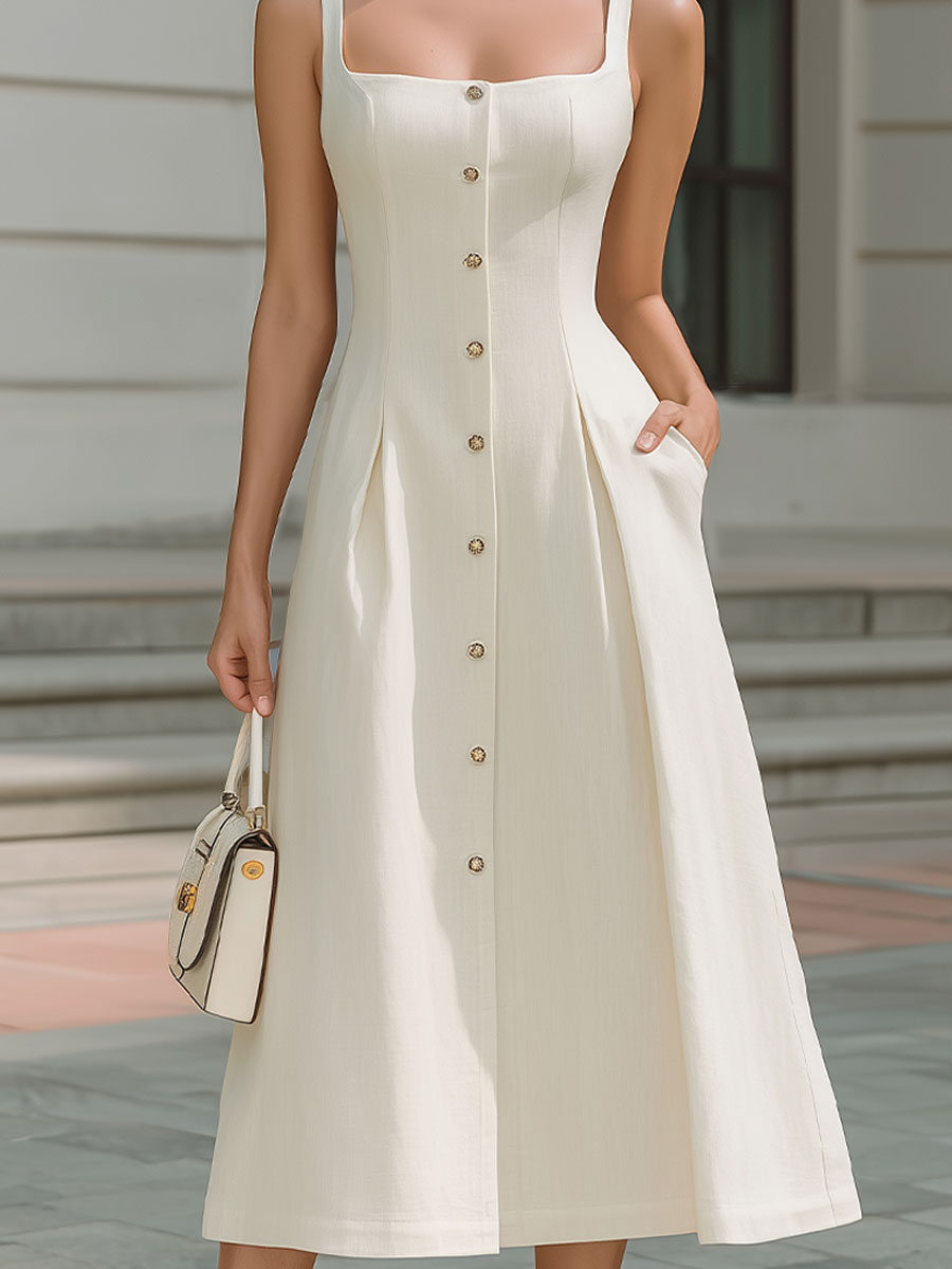 Ivory Square-Neck Button-Front Midi Sundress