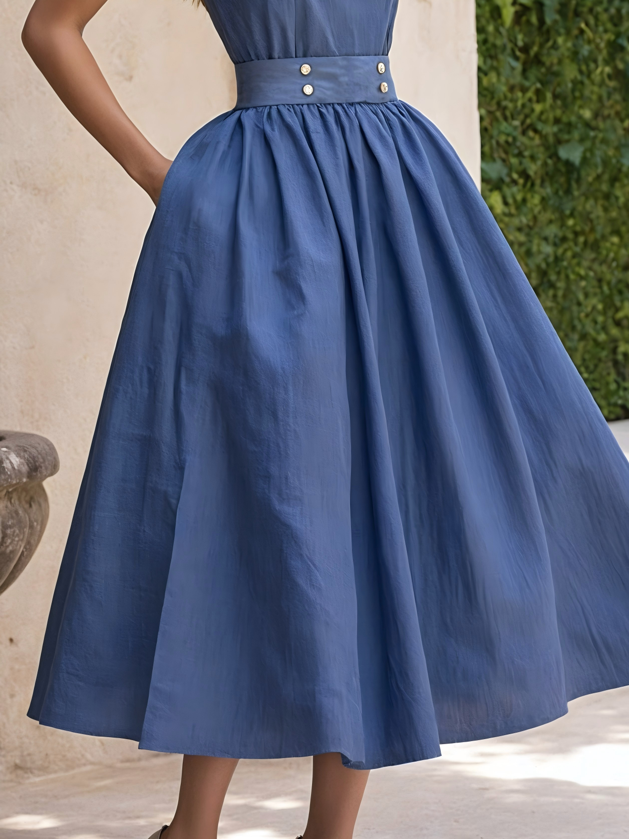 Midi Linen Dress , Sleeveless, Square Neck, Plain, Button Design, Vintage, Blue