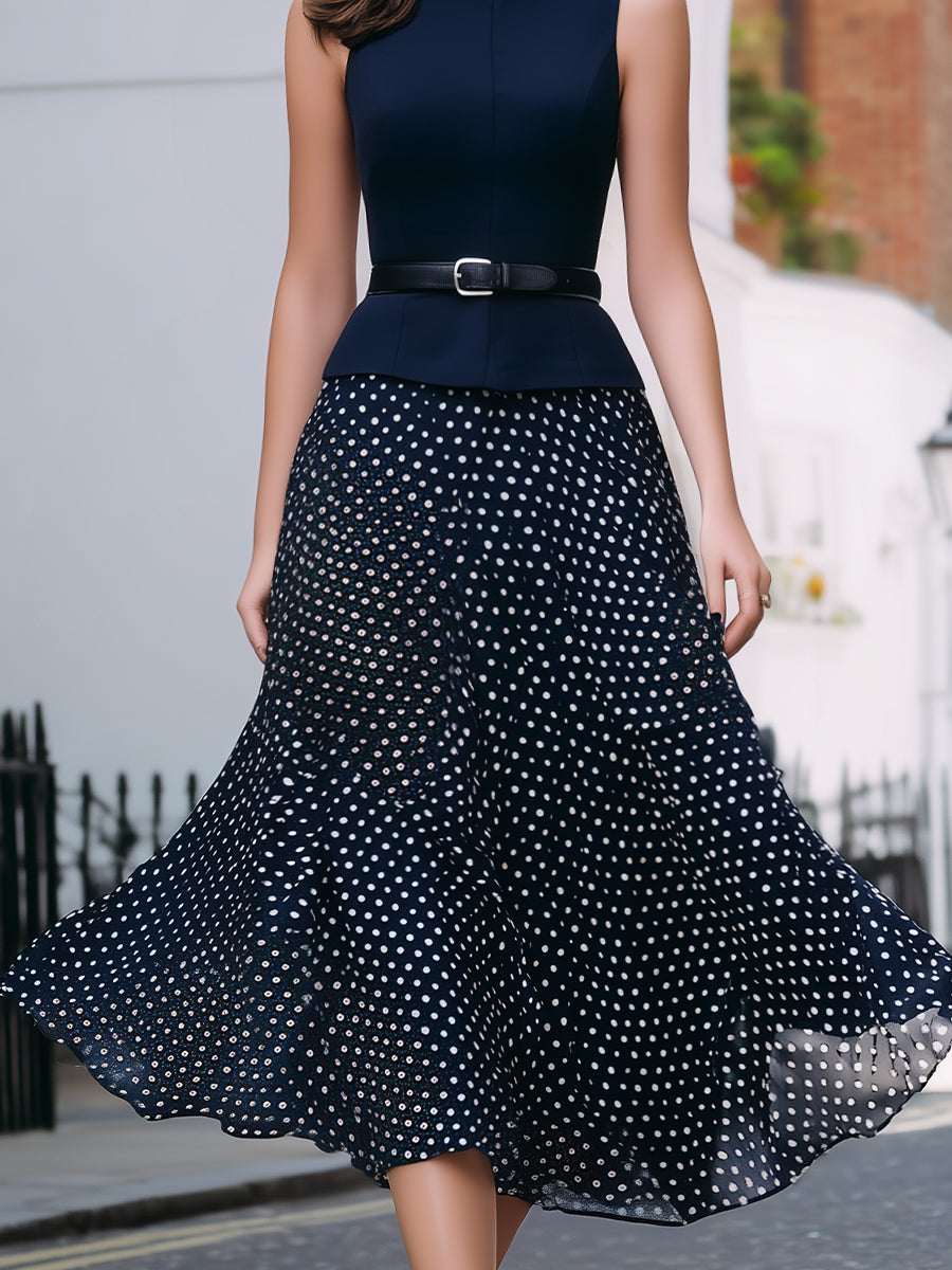 Sleeveless Belted Midi Dress With Polka Dot Flowing Skirt