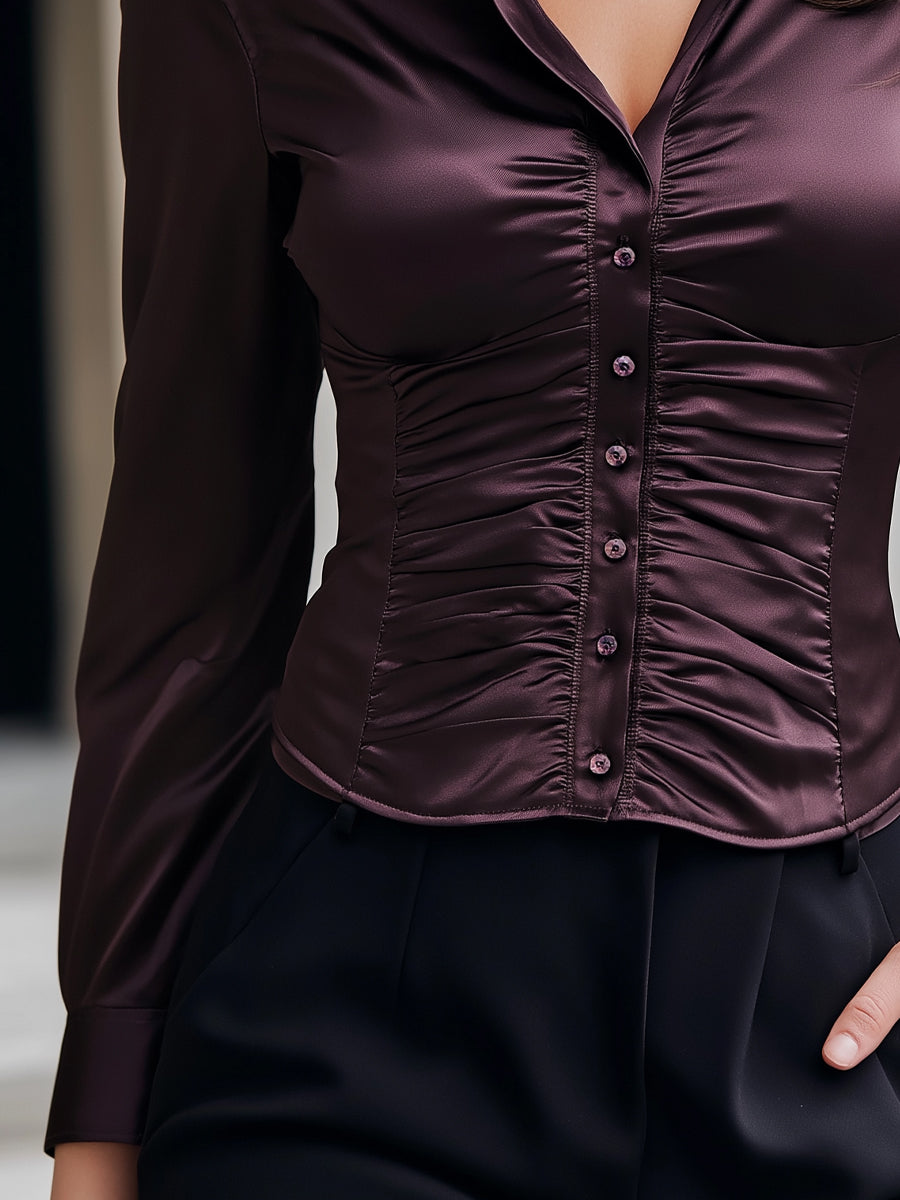 Ruched Satin Button-Down Blouse