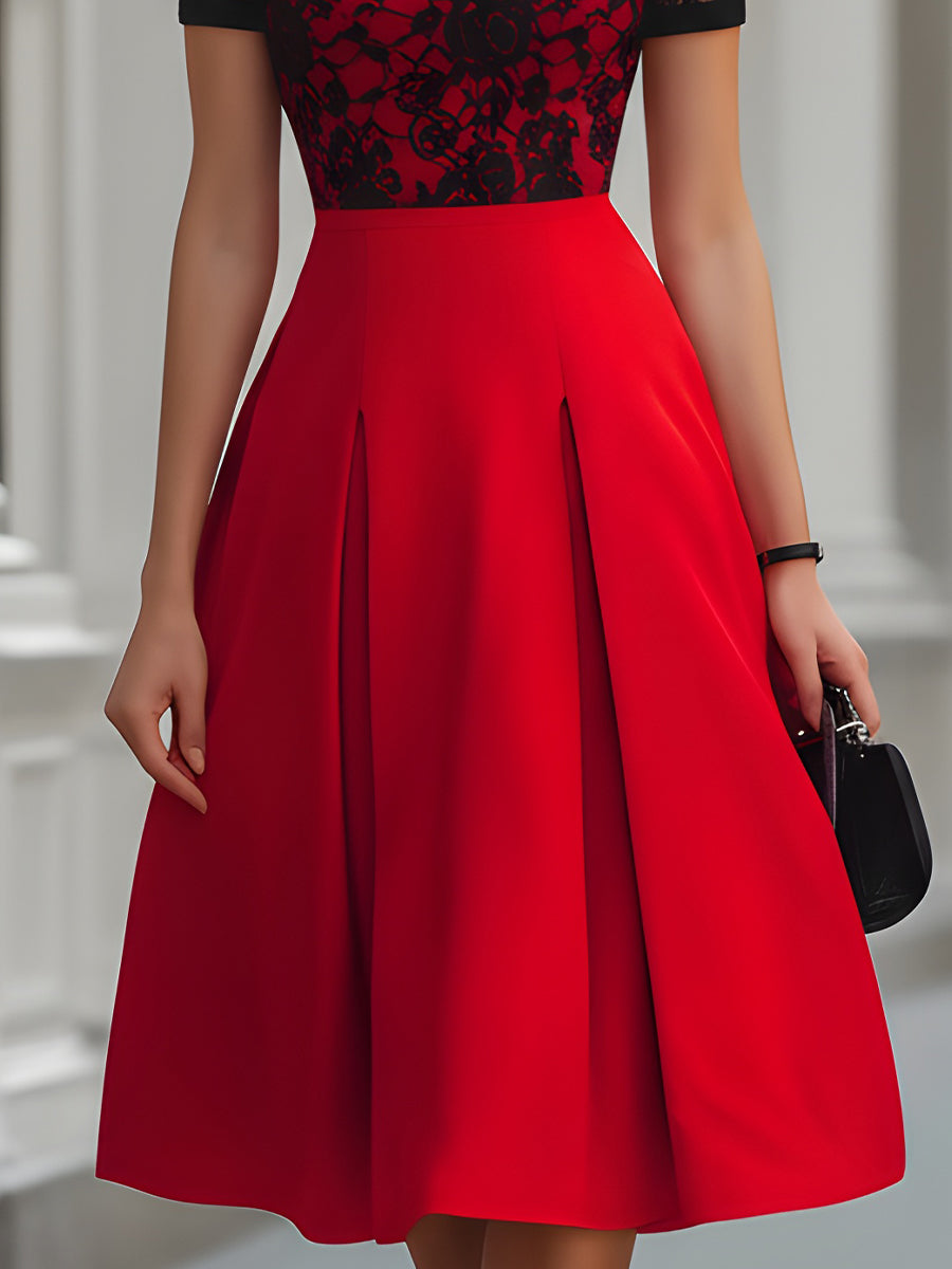 Red & Black Lace Fit-and-Flare Midi Dress