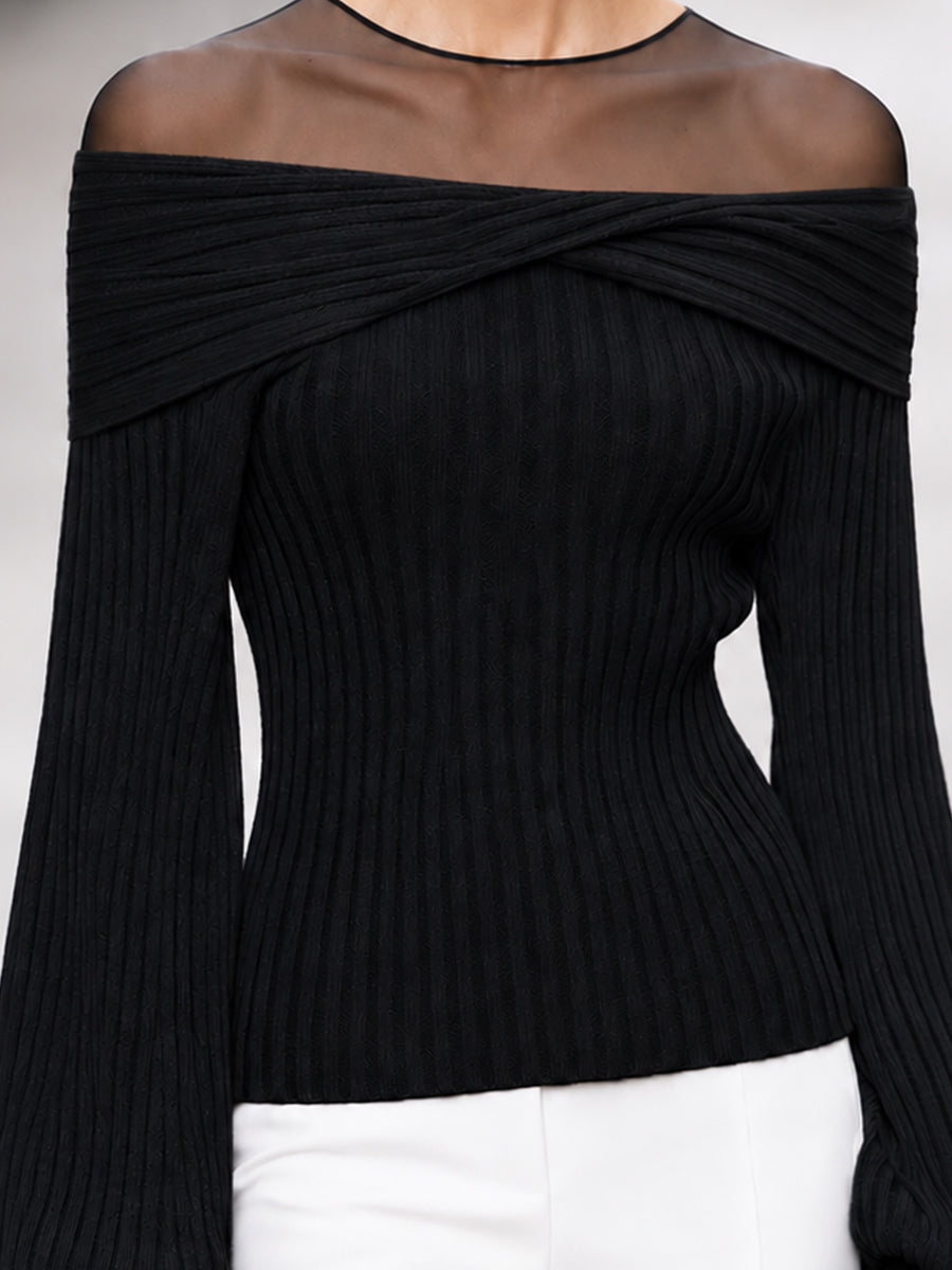 Sheer Mesh Yoke Off-Shoulder Ribbed Knit Sweater