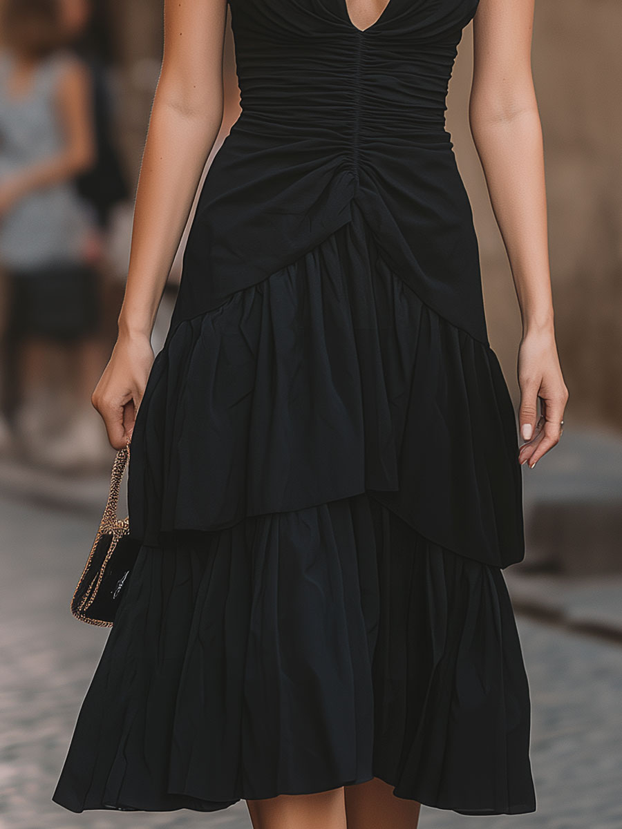 KSXTXX Black Halter Neck Ruched Tiered Midi Dress