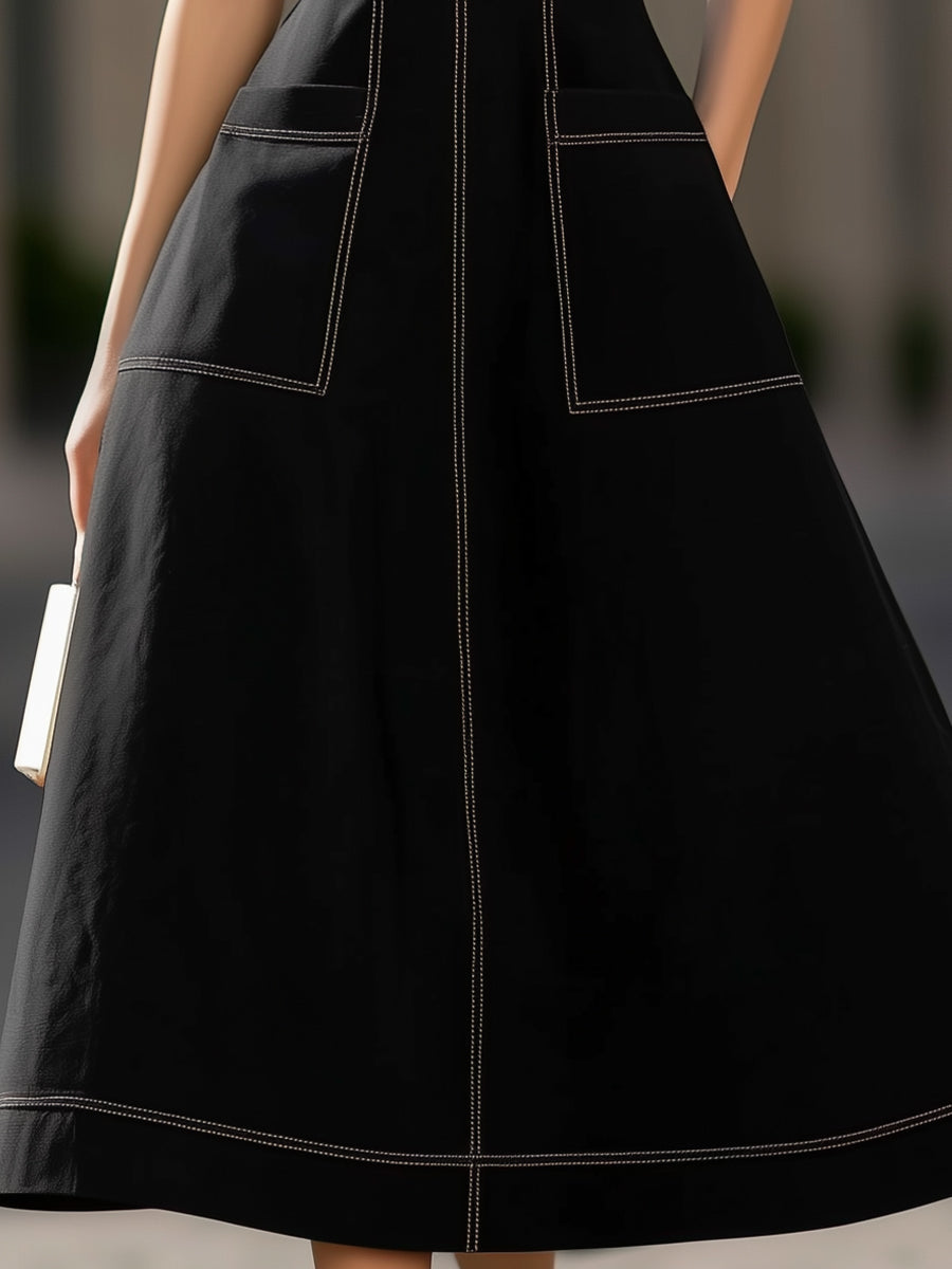 Quare Neck Midi Dress With Patch Pockets