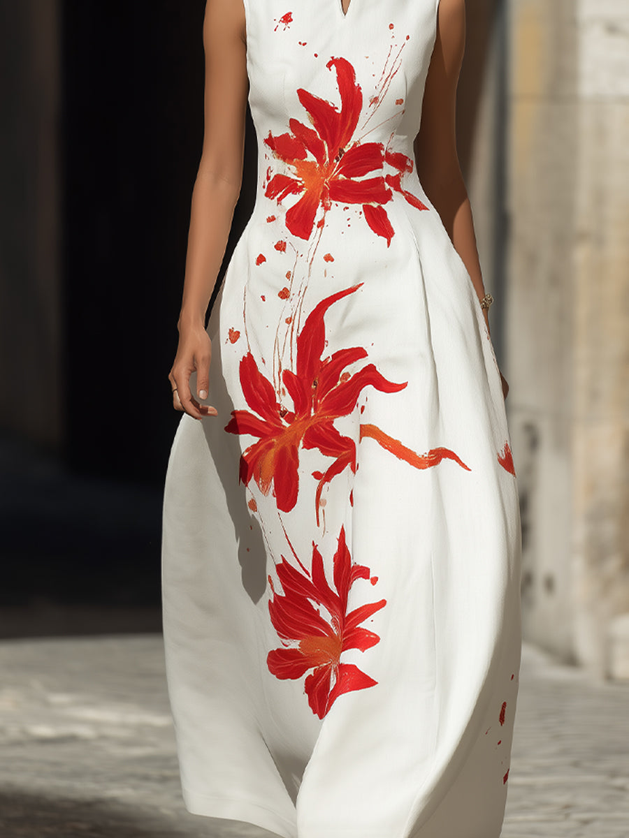 Modern Mandarin Collar Floral Maxi Dress ¨C Artistic Red Lily Print