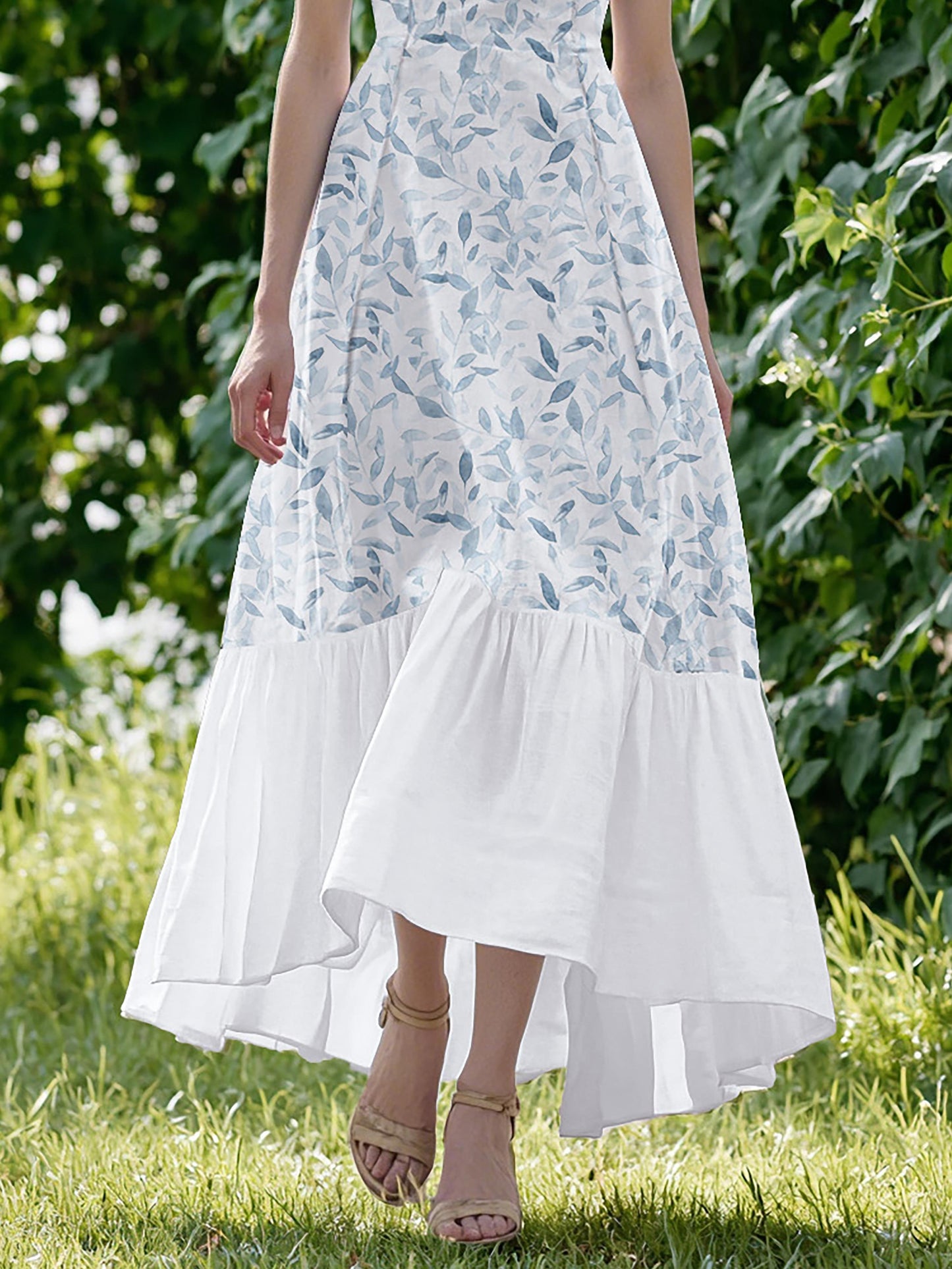 Maxi Linen Dress, Short Sleeves, Crew Neck, Floral, Ruffles, Vintage, Blue