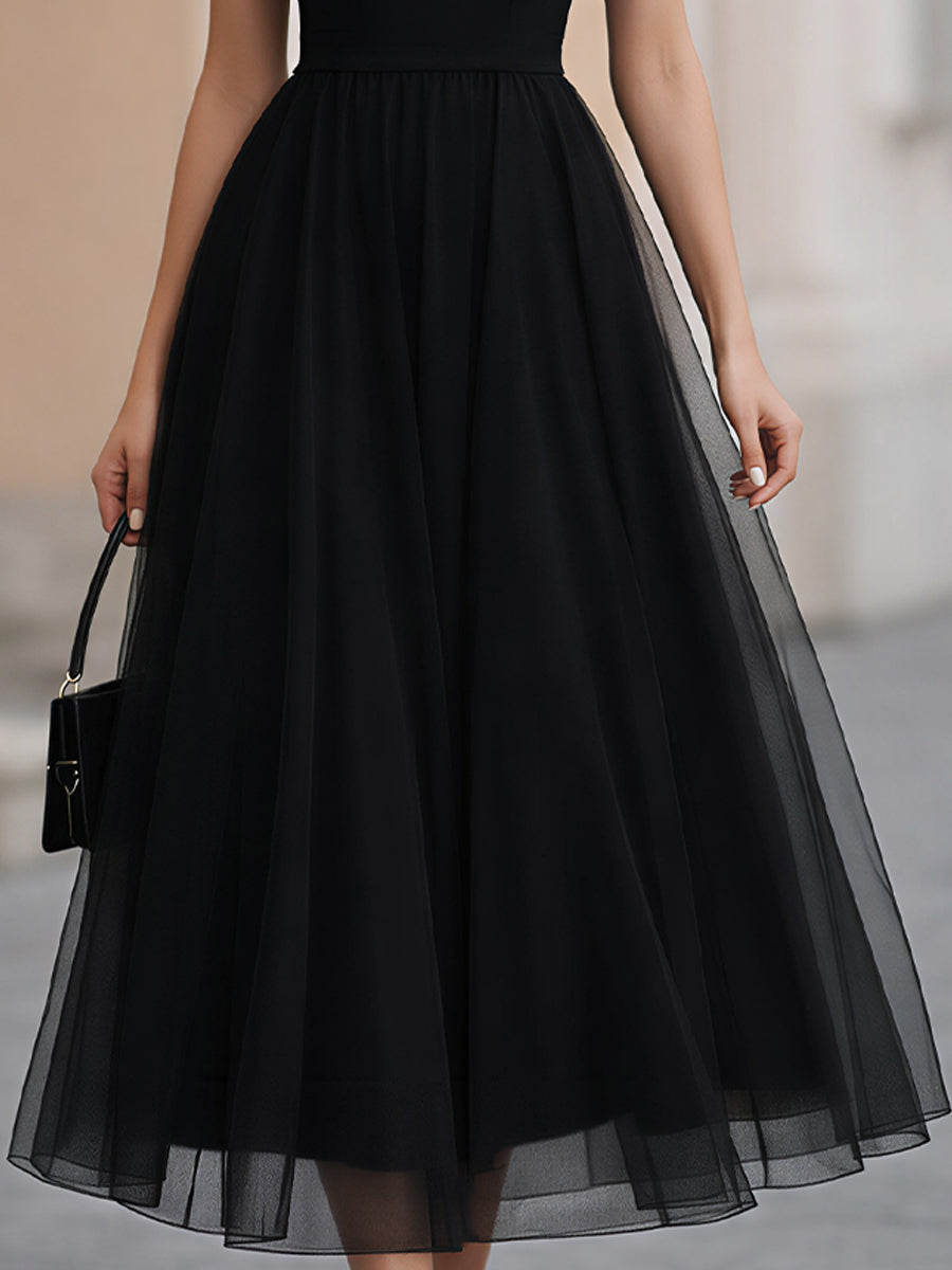 Black Sleeveless Mesh Yoke Tulle Midi Dress