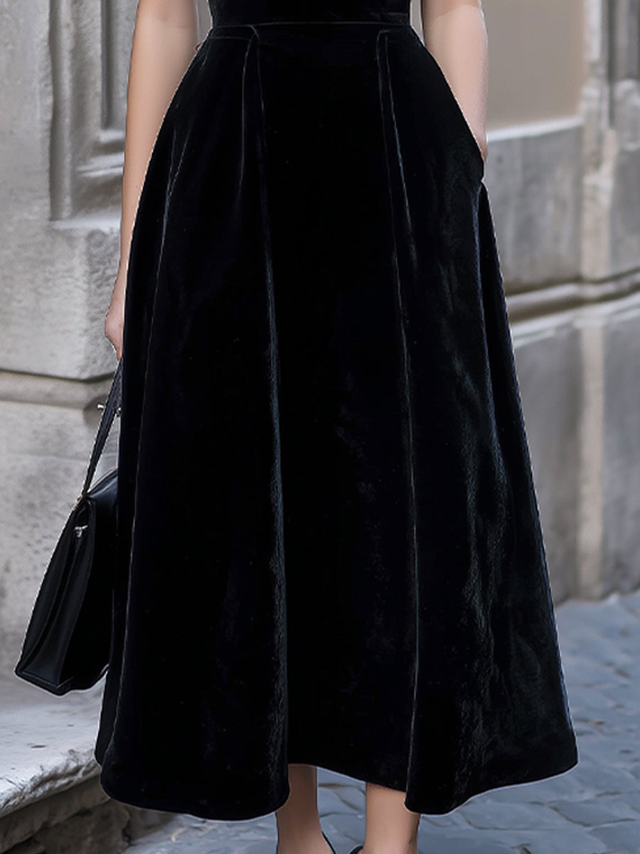 Classic Sleeveless Velvet A-Line Midi Dress With Pockets