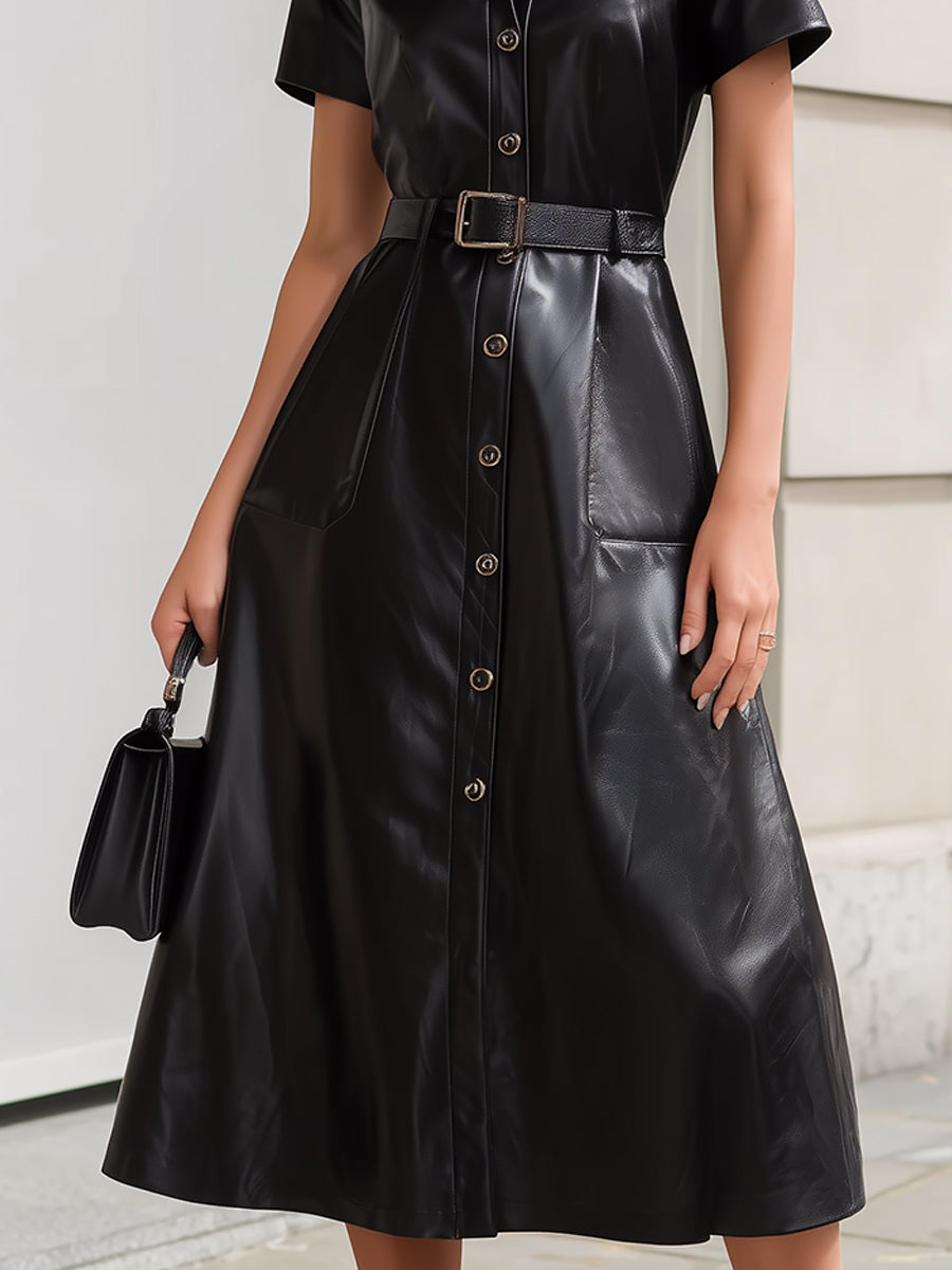 Black Faux Leather Shirt Dress ¨C Belted Midi With Tailored Edge