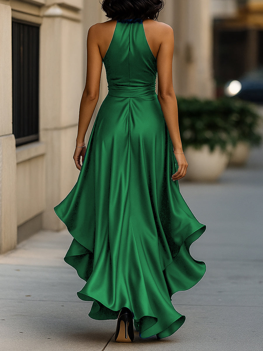 Satin Halter Ruffle Gown – Wedding Guest Dress & Resort Evening Gown
