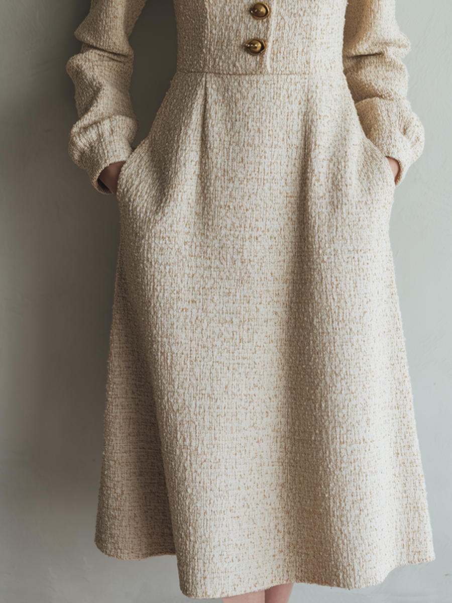 Vintage Tweed Button Long Sleeve Midi Dress